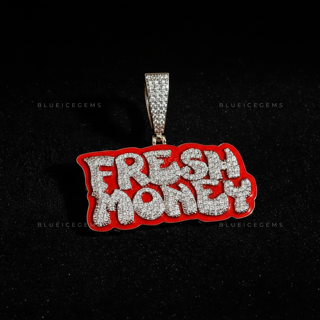 The "FRESH MONEY" Hustle: Crimson Enamel & Graffiti-Bubble Script Pendant