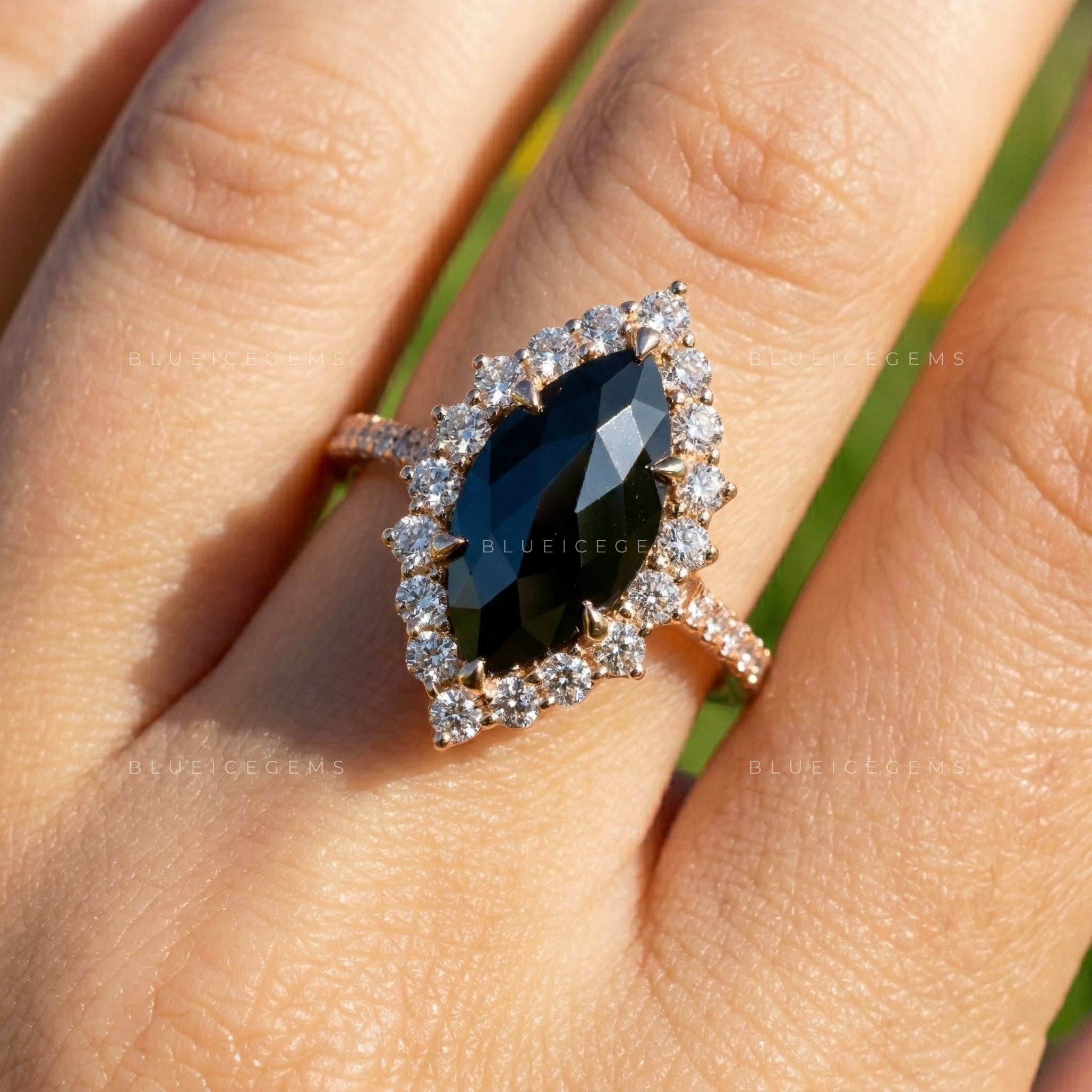 Midnight Botanical Marquise Flower Rose Cut Black Diamond Ring