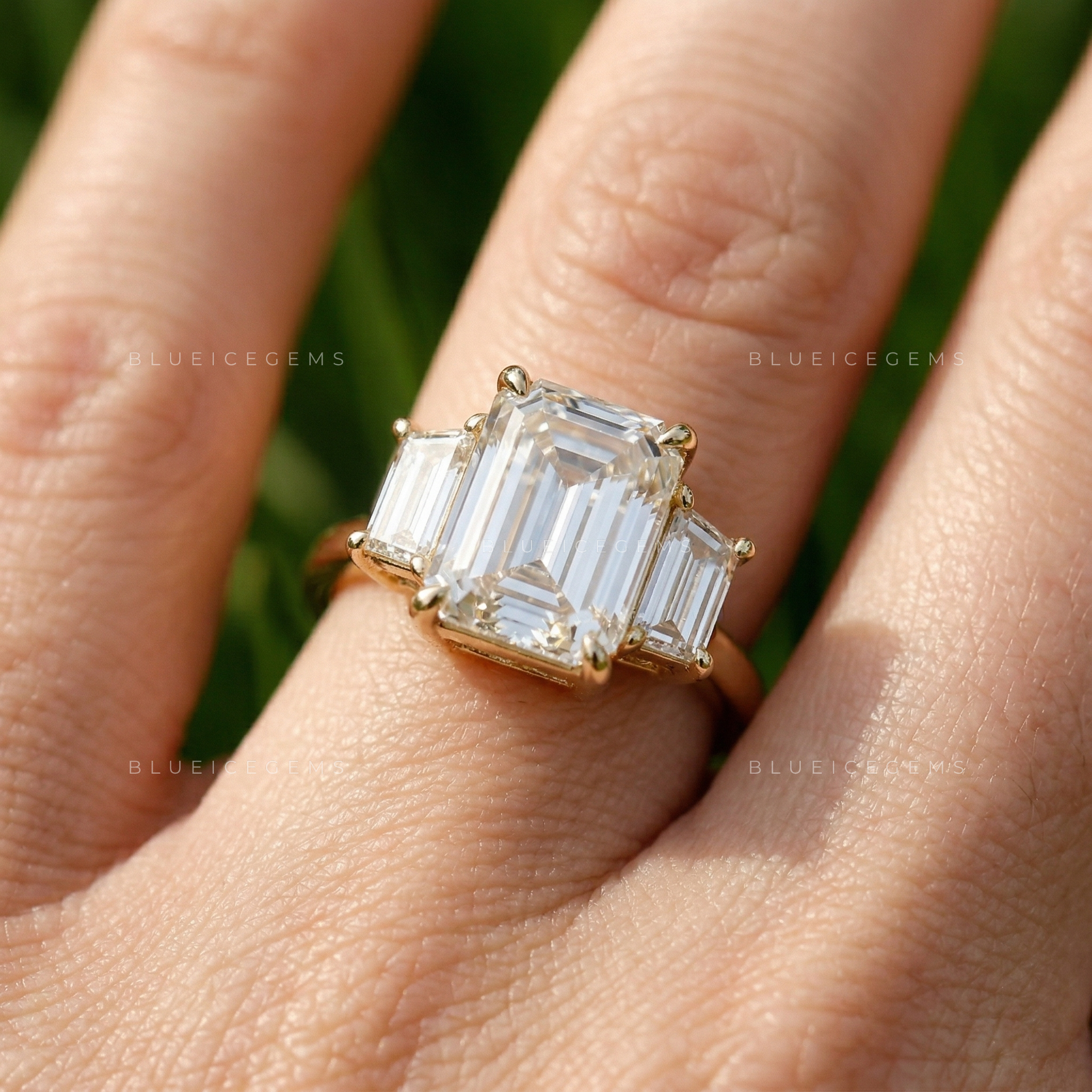 Architectural Elegance Emerald and Trapezoid Cut Trilogy Ring