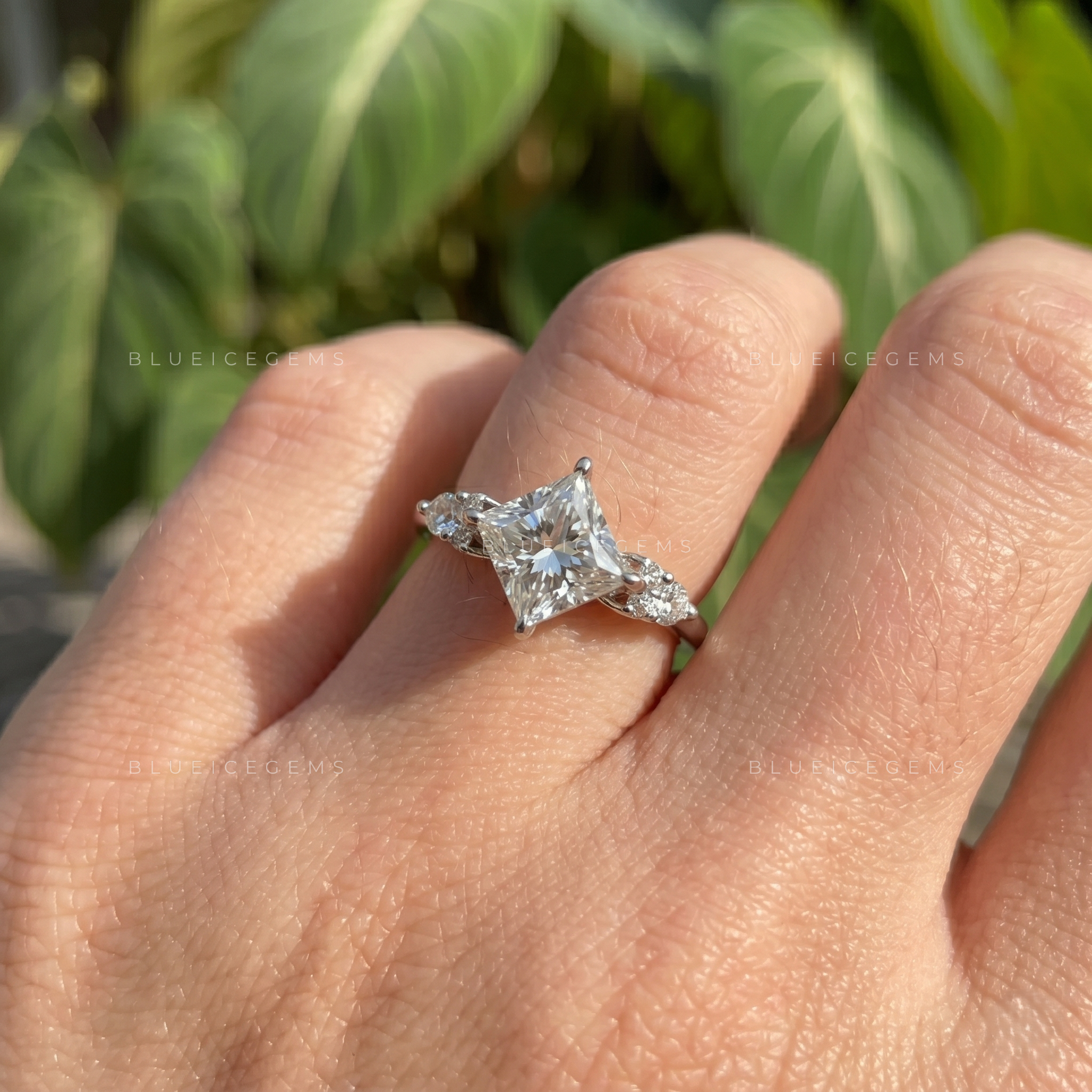 Regal Geometry Princess Cut Three Stone Compass Prong Engagement Ring