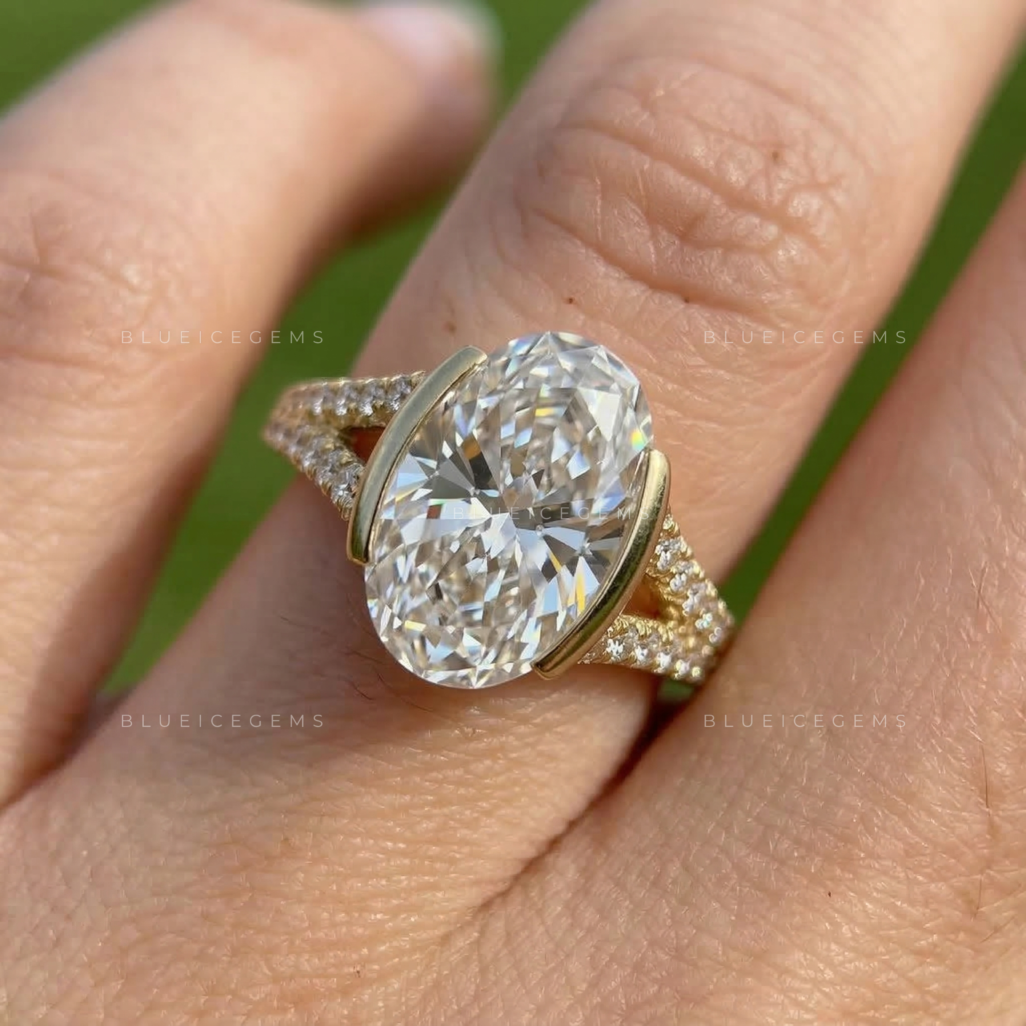 Modern Half Bezel Oval Cut Pavé Engagement Ring