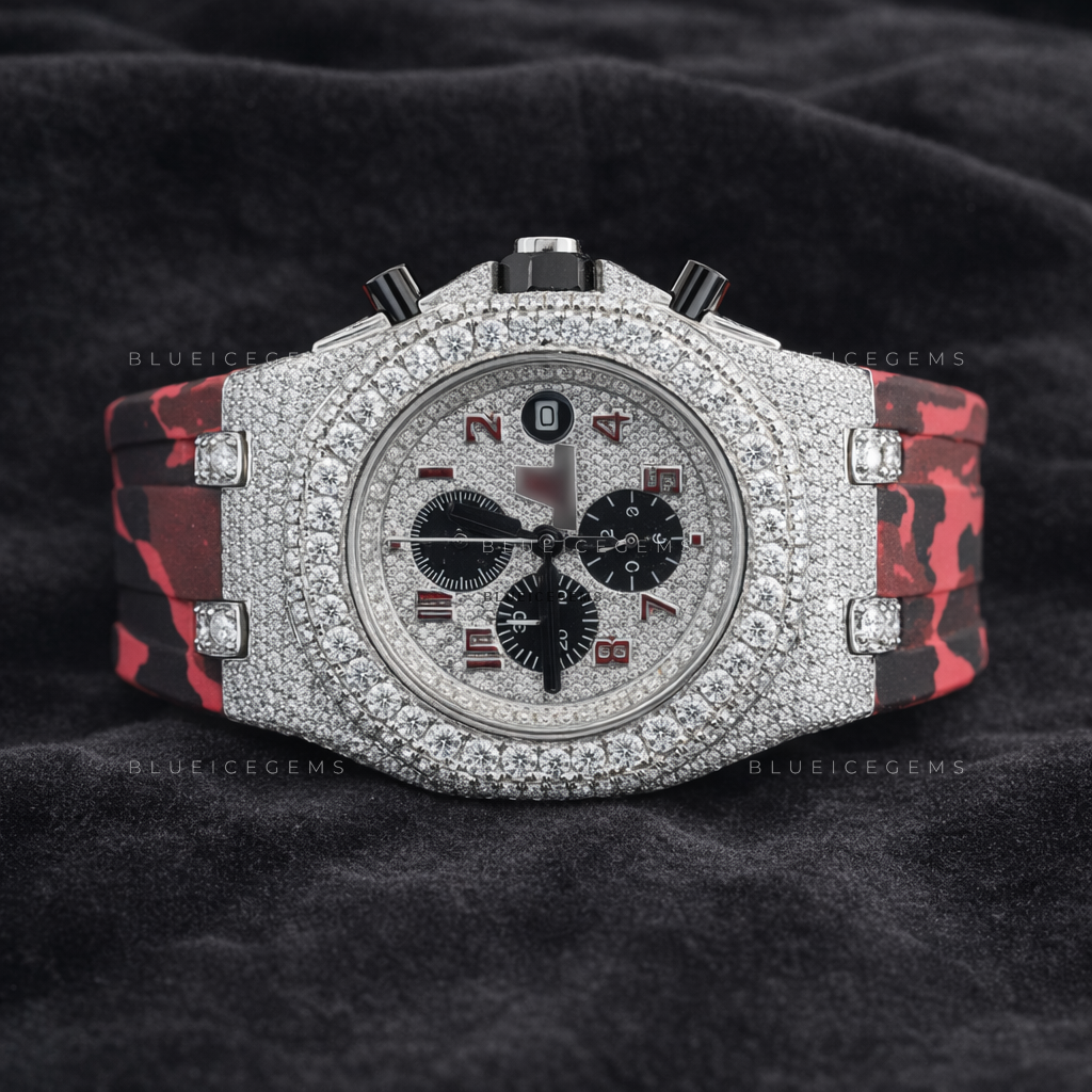 Crimson Apex: Fully Iced-Out Custom Chronograph Watch