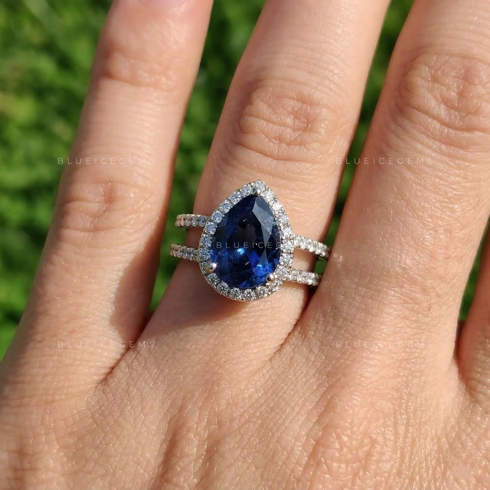 Royal Midnight Pear Sapphire Double Row Halo Ring