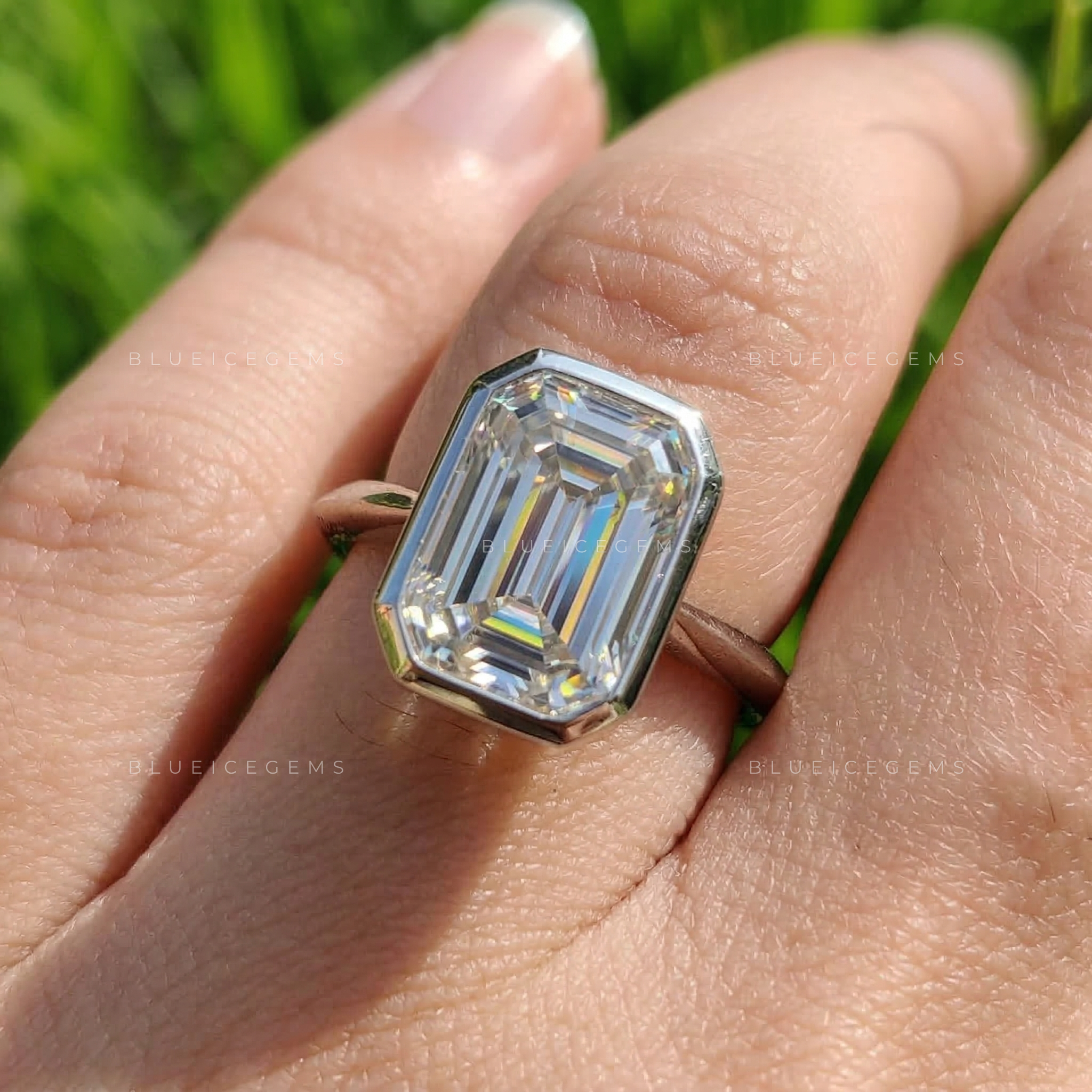 Modern Slate Emerald Cut Knife Edge Bezel Ring