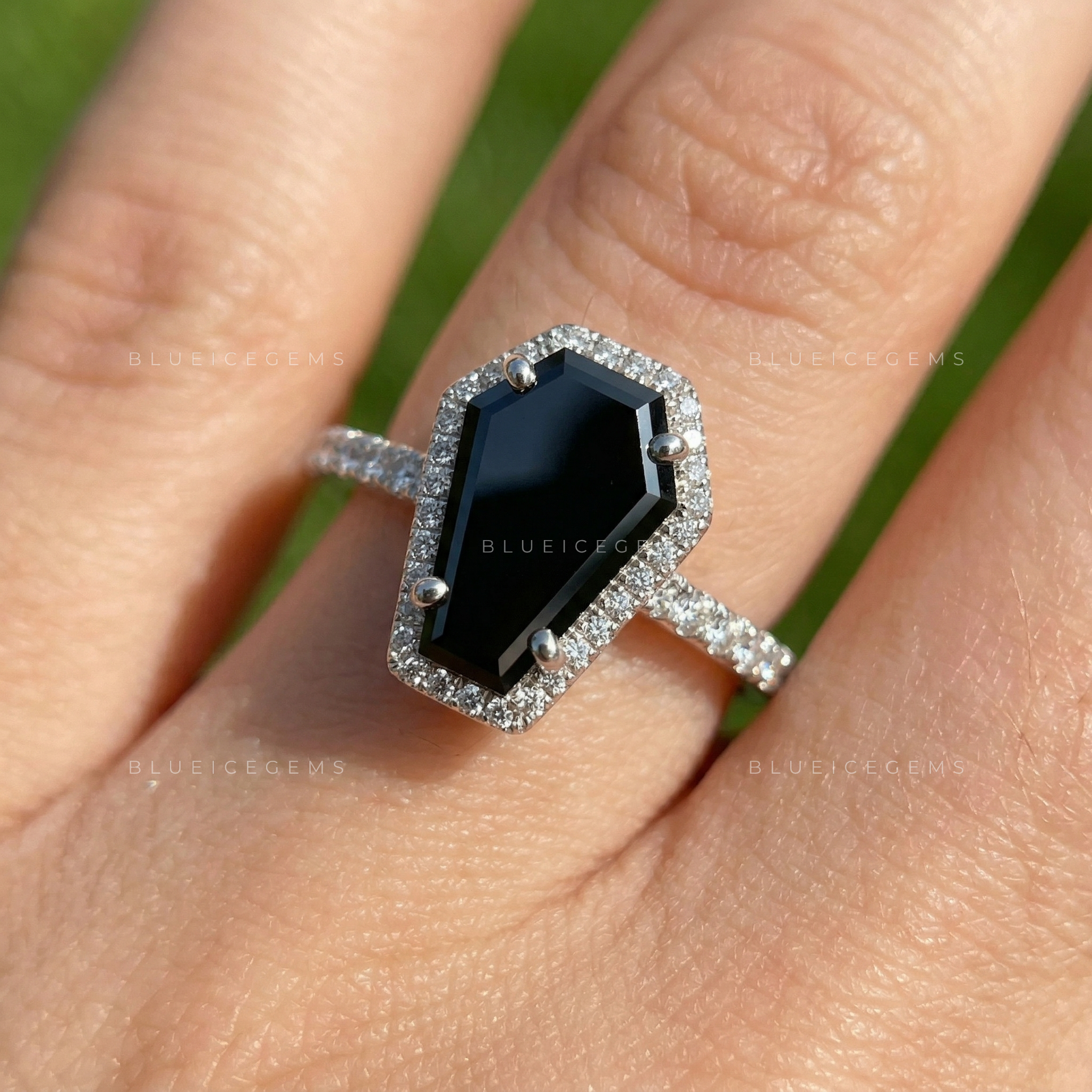 Midnight Noir Coffin Cut Black Moissanite Halo Engagement Ring