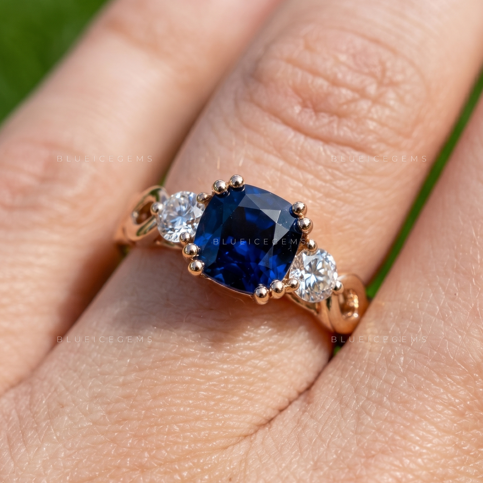 Royal Splendor Cushion Cut Sapphire and Round Brilliant Accent Engagement Ring