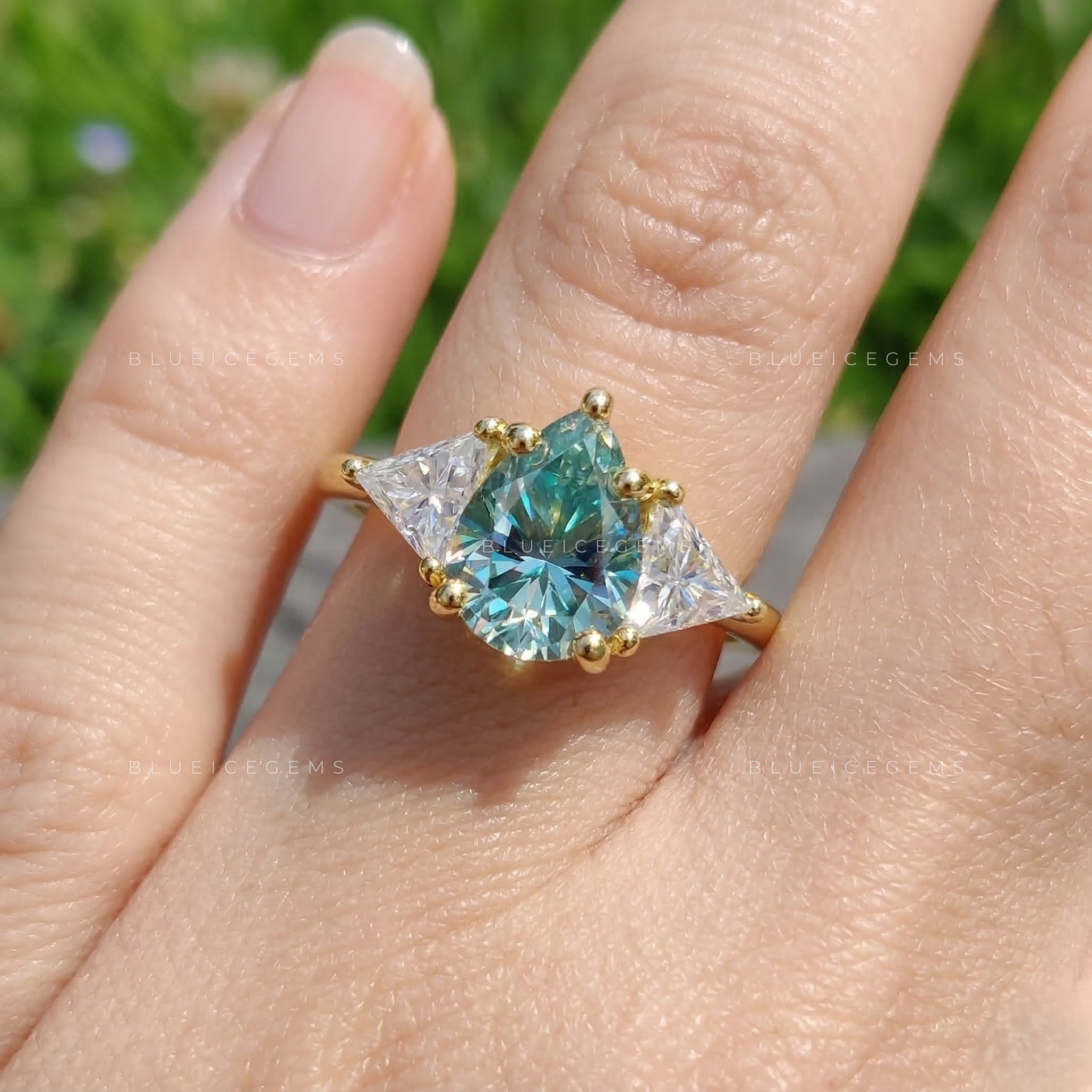 Azure Teardrop Geometric Triangle Three Stone Statement Ring