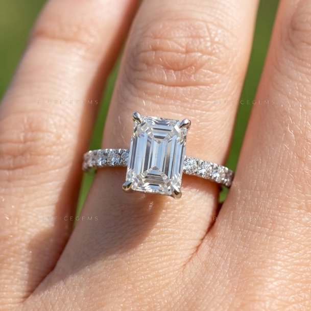 Emerald-Cut Cathedral Setting Pave Accented Engagement Ring