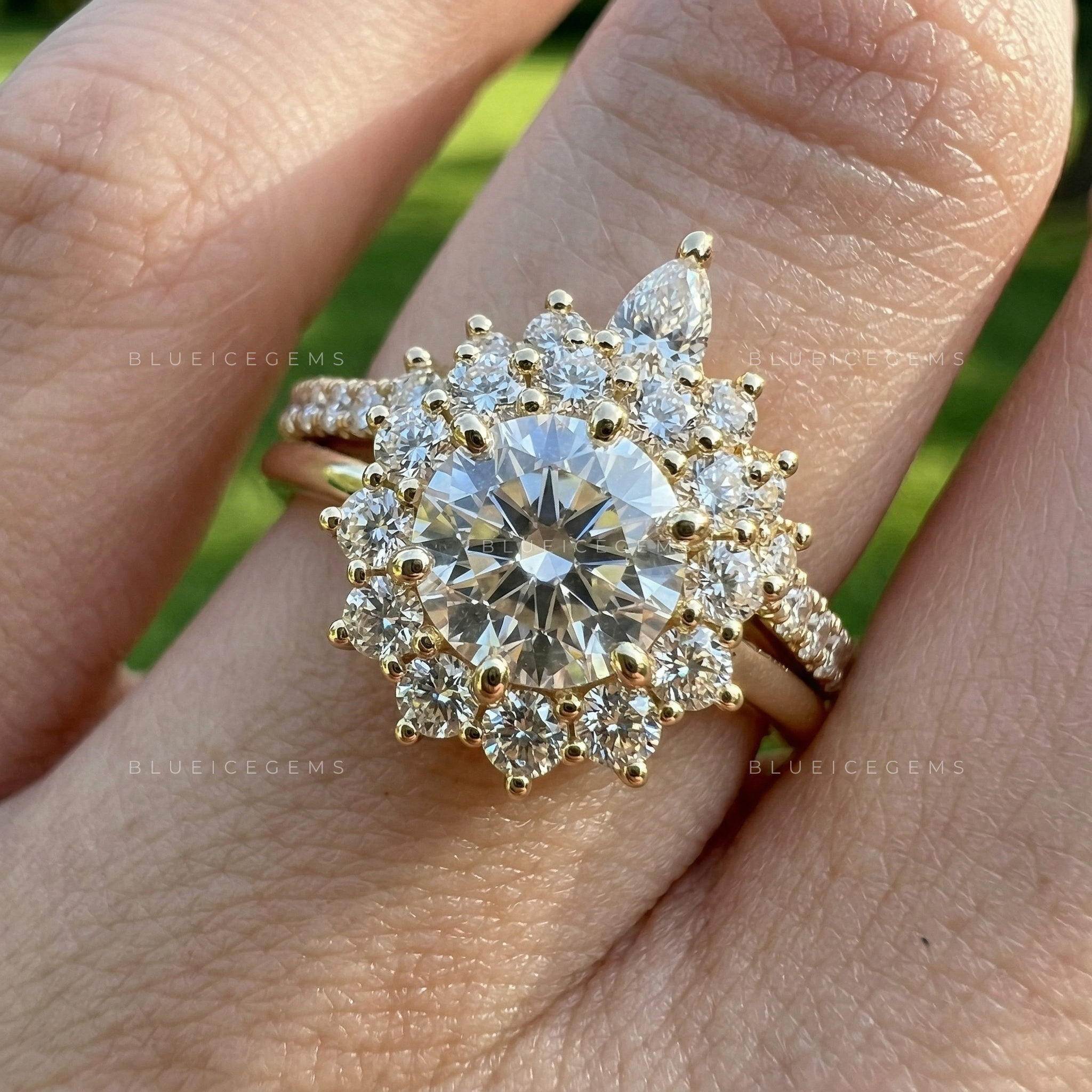 Celestial Radiance Round Brilliant Bridal Set with Contoured Floral Band