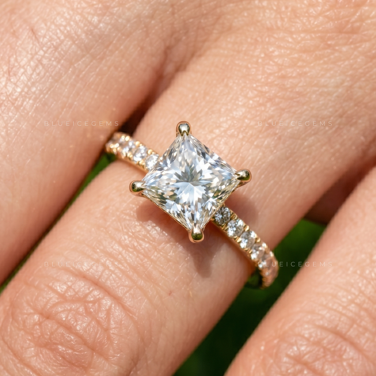 Princess Cut Square Diamond Pave Accented Engagement Ring