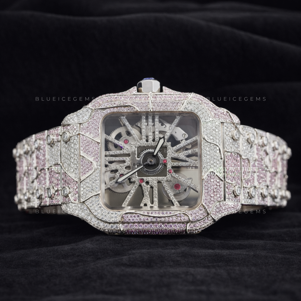 Sakura Frost: Pink & White Iced-Out Custom Skeleton Watch