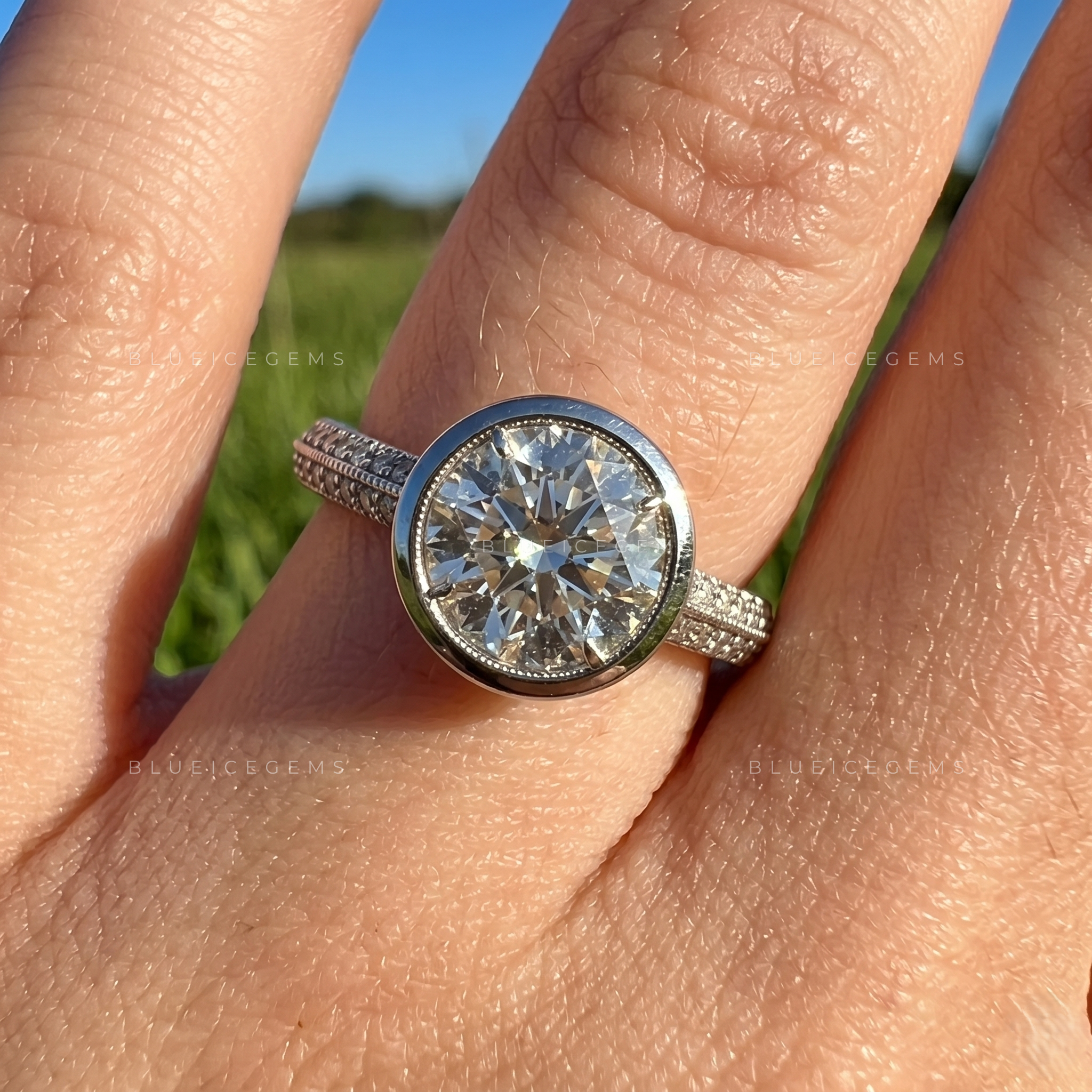 Luminous Horizon Bezel Set Round Brilliant Double Pave Engagement Ring