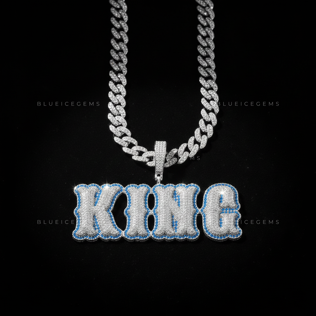 The "KING" Azure Sovereign: Electric Blue Halo & 3D Bubble Script Pendant