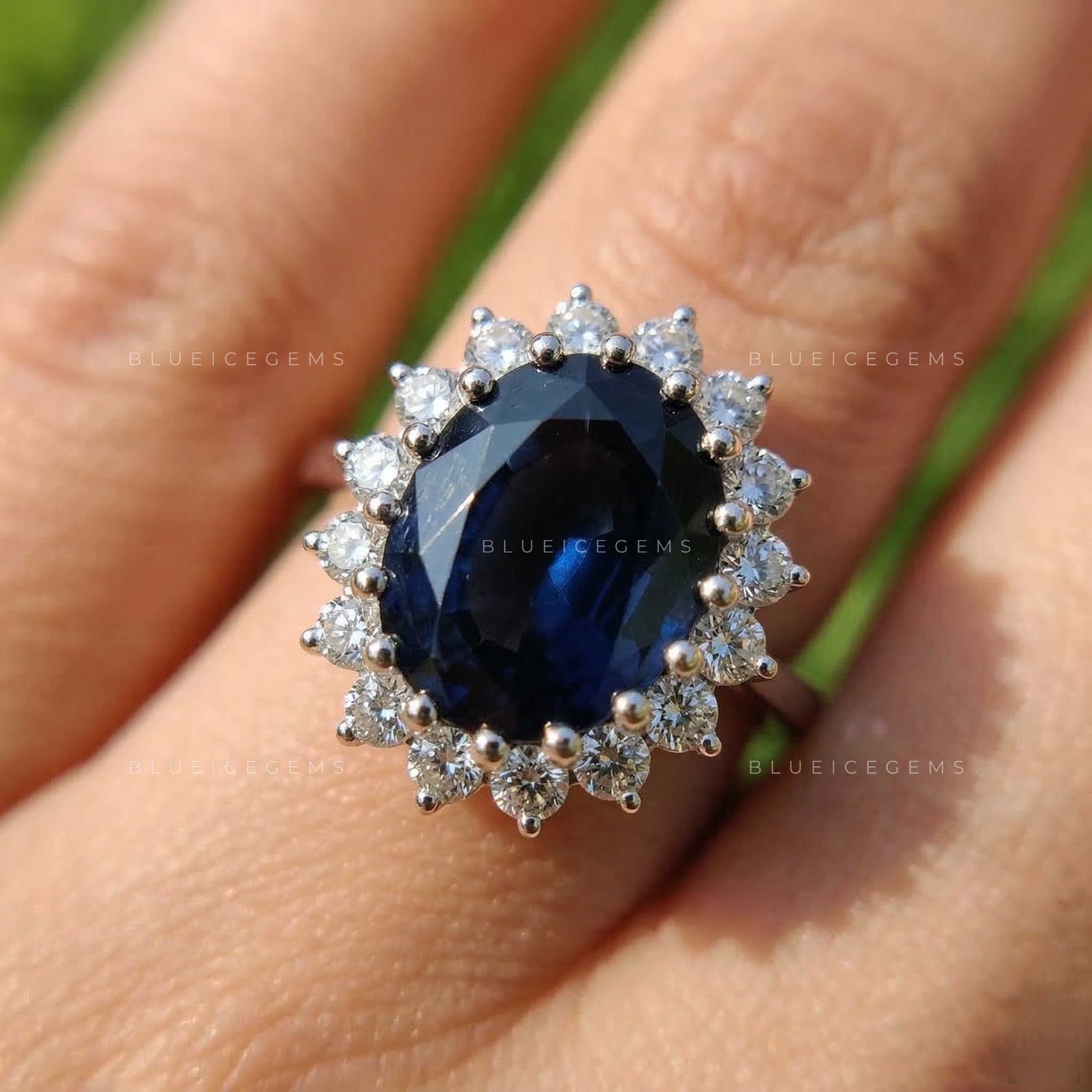 Celestial Azure Blue Topaz and Lab Grown Diamond Halo Ring