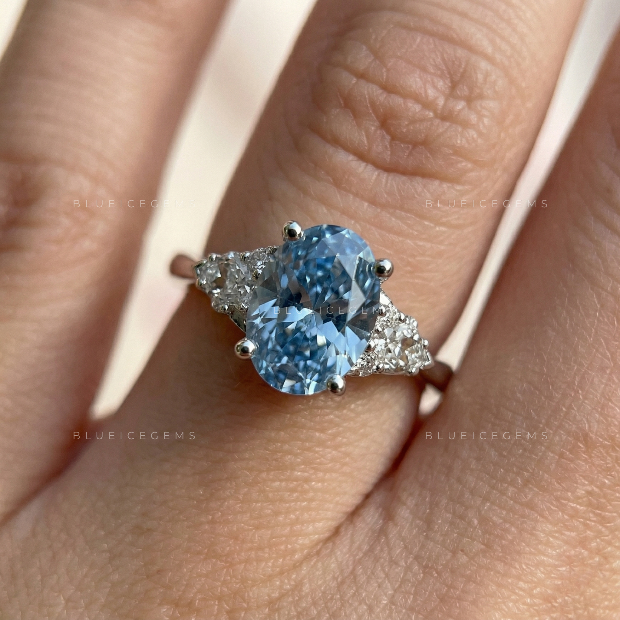 Sapphire Sky Oval Blue Diamond Floral Engagement Ring