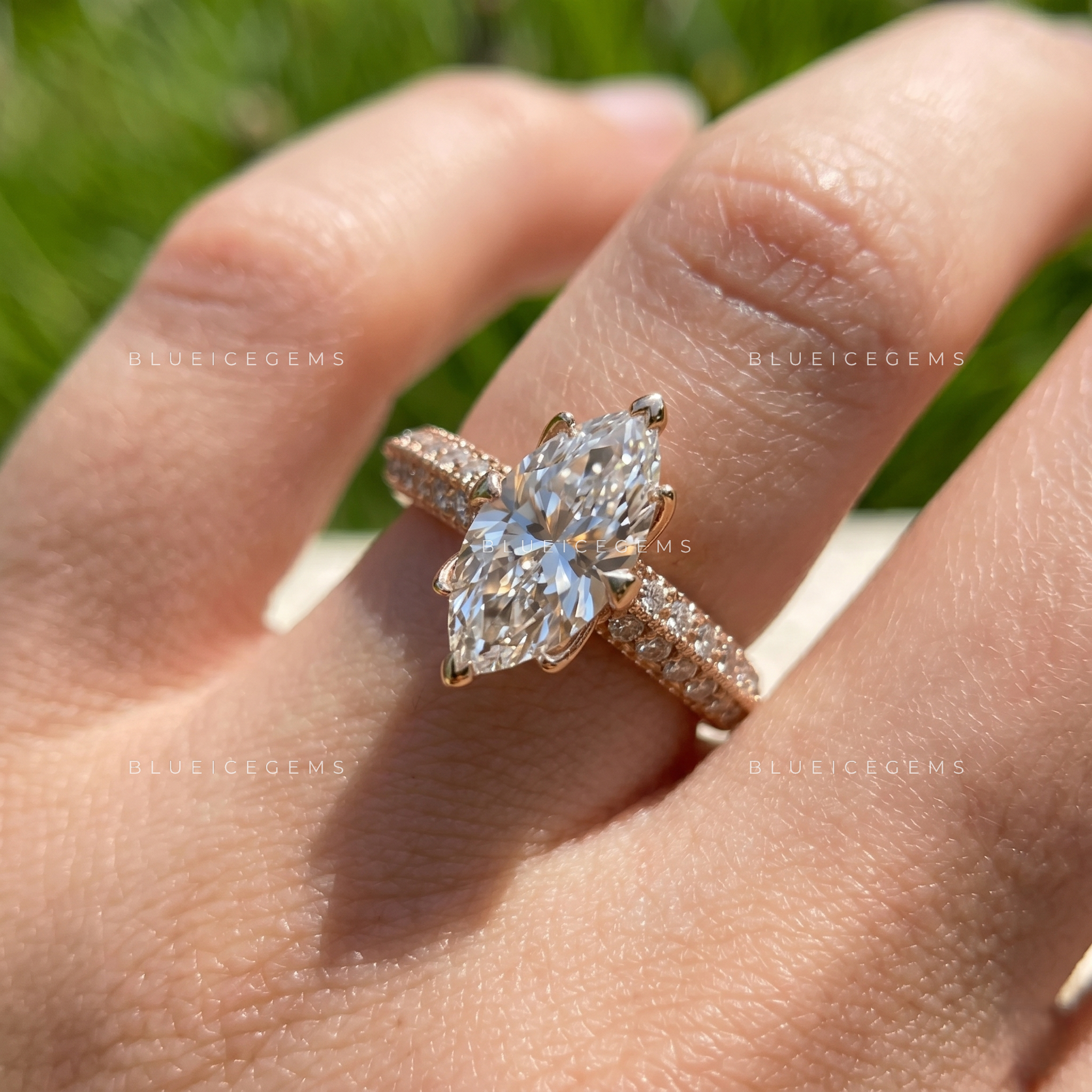 Opulent Crest Marquise Cut Side Stone Engagement Ring