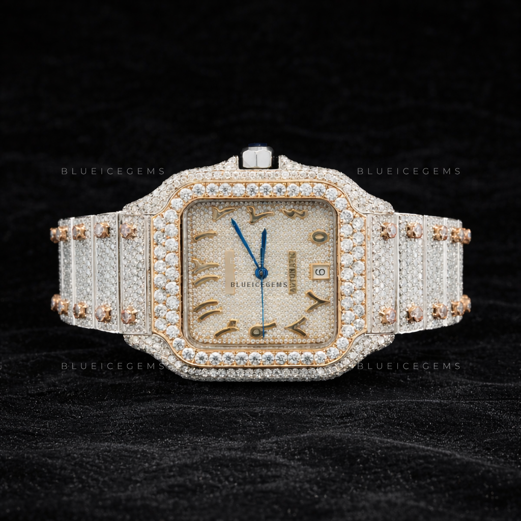 Golden Sultan: Two-Tone Iced-Out Custom Arabic Moissanite Watch