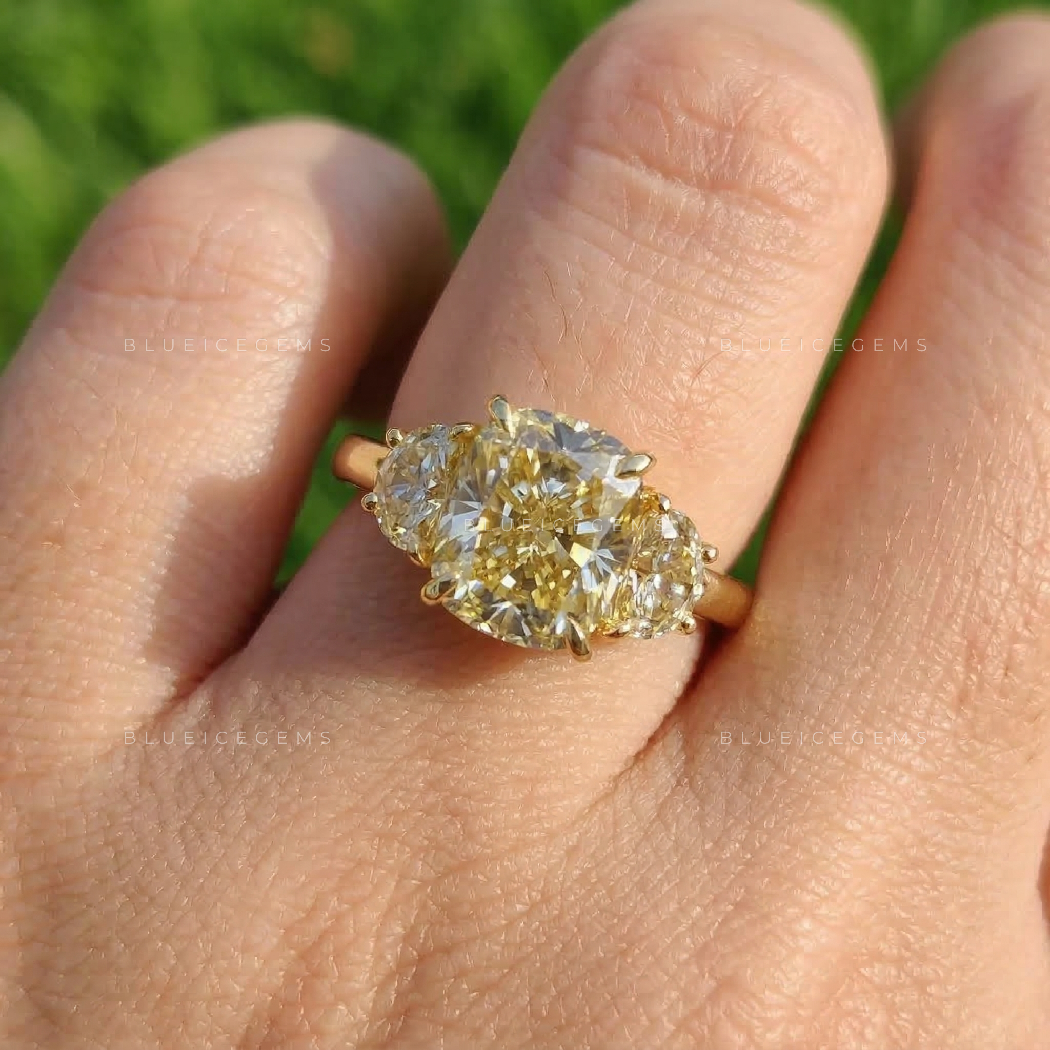 Golden Glow Cushion Cut Half Moon Trilogy Ring