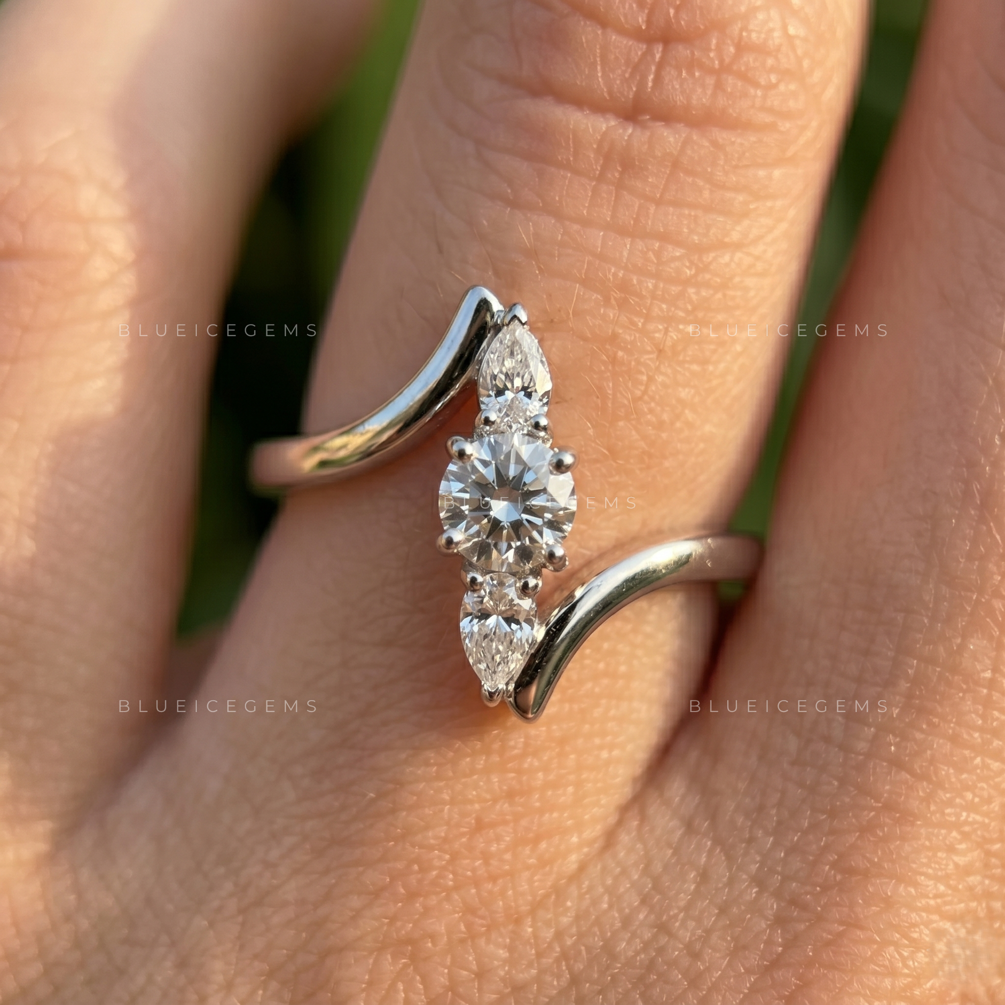 Modern Cascade Vertical Bar Three Stone Bypass Ring