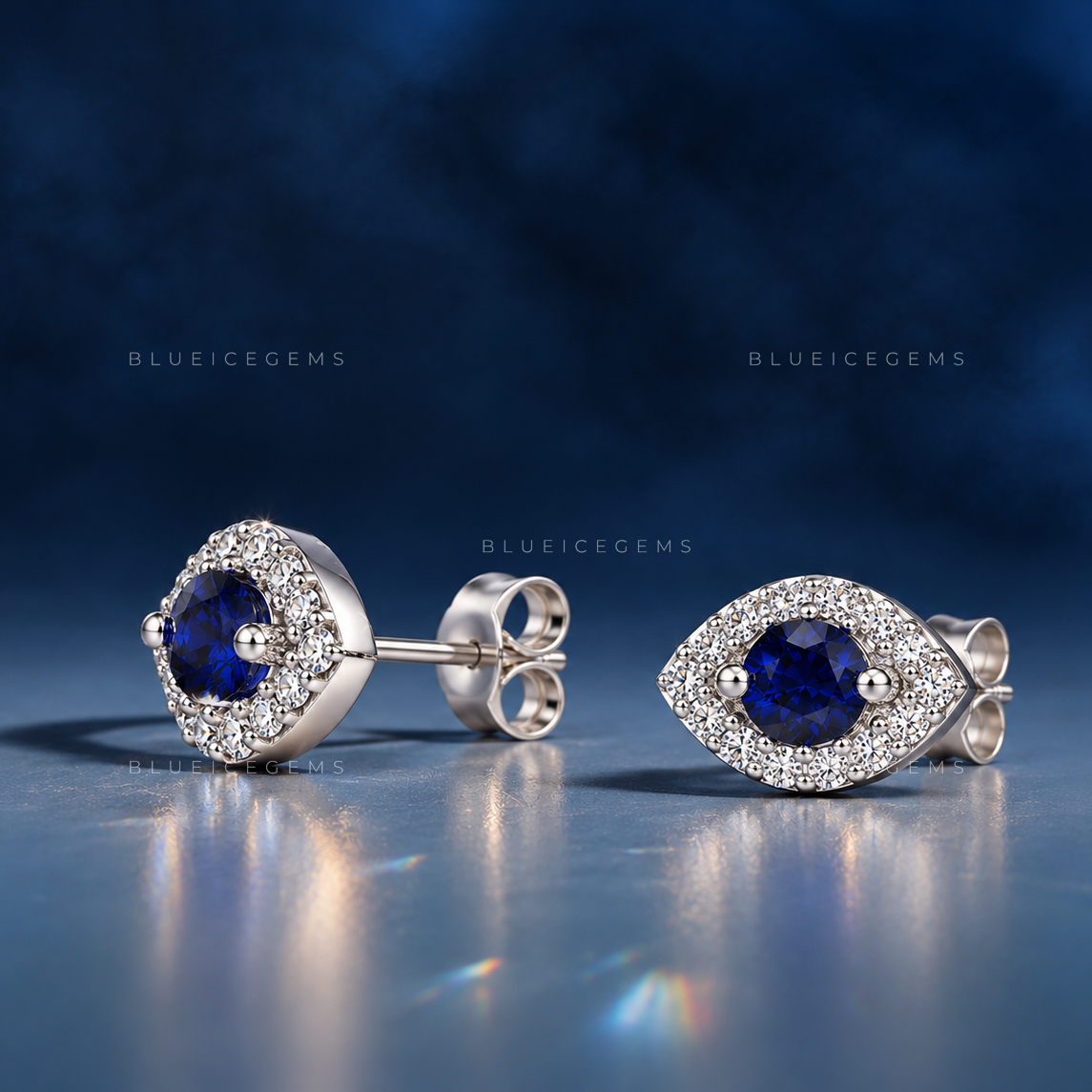 Blue Sapphire Evil Eye Stud Earrings