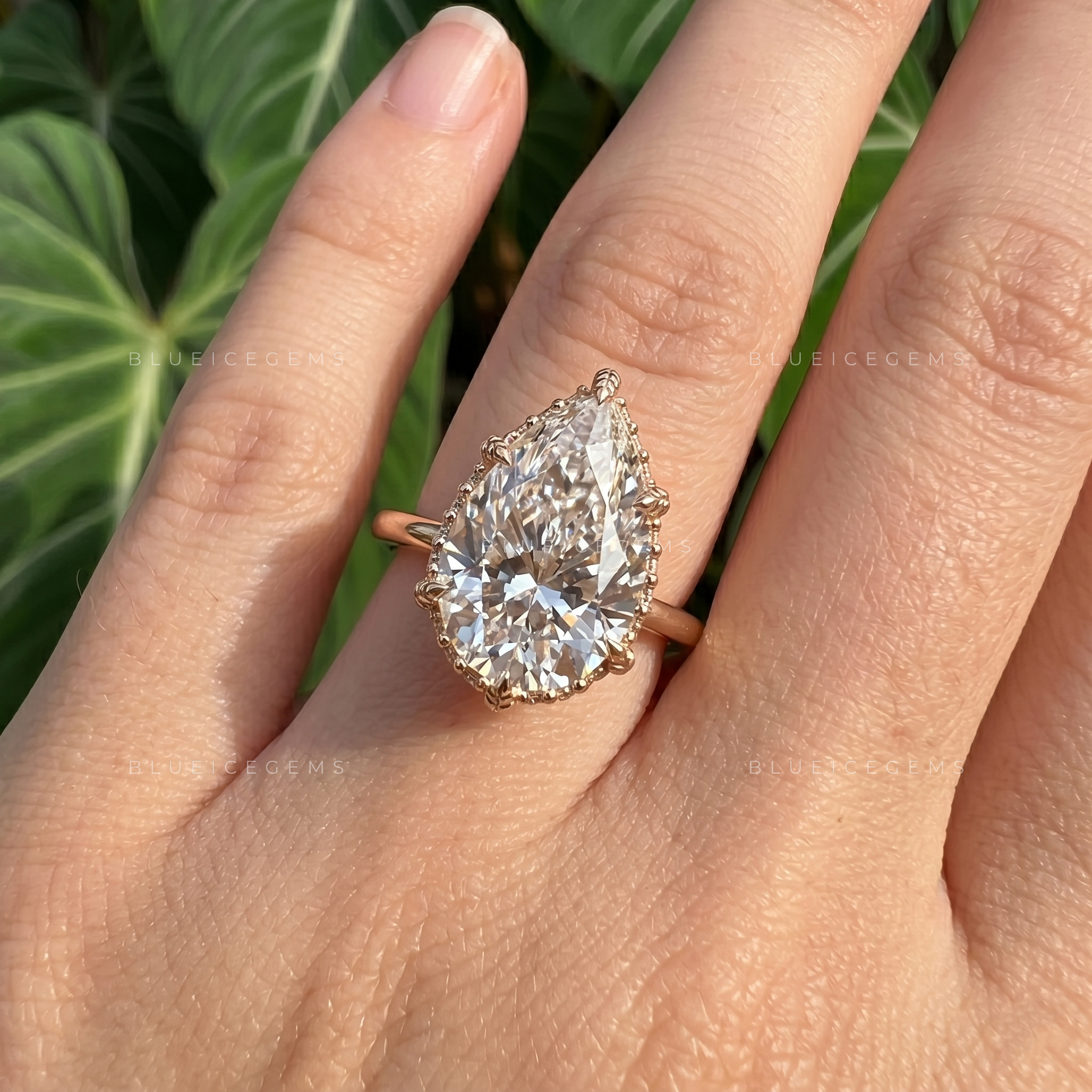 Nature Inspired Pear Cut Hidden Halo Leaf Prong Engagement Ring