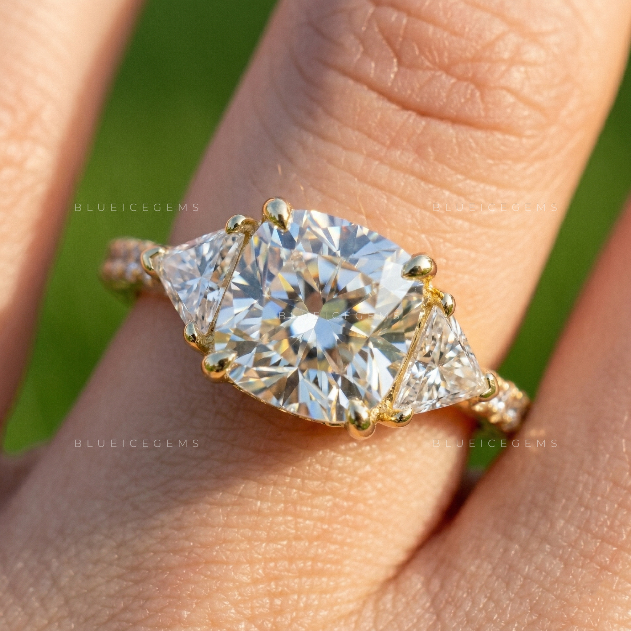 Radiant Cushion Cut Three Stone Multi-Shape Side Engagement Ring