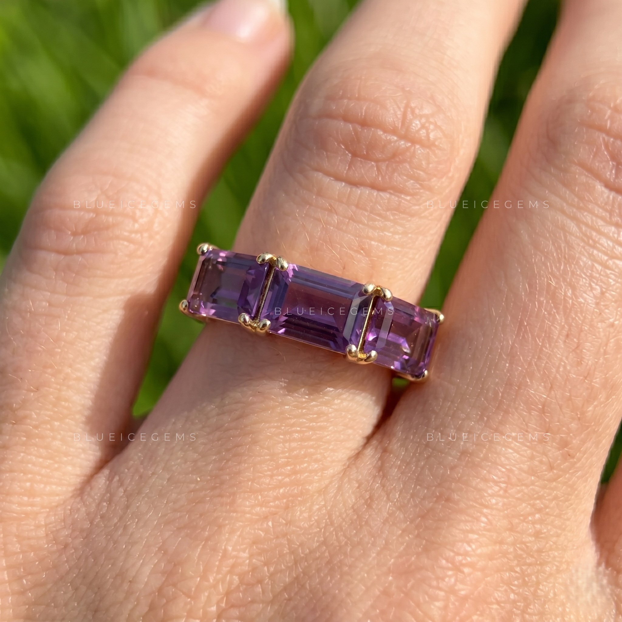 Vintage Mystique Emerald Cut Lavender Amethyst Three Stone Ring