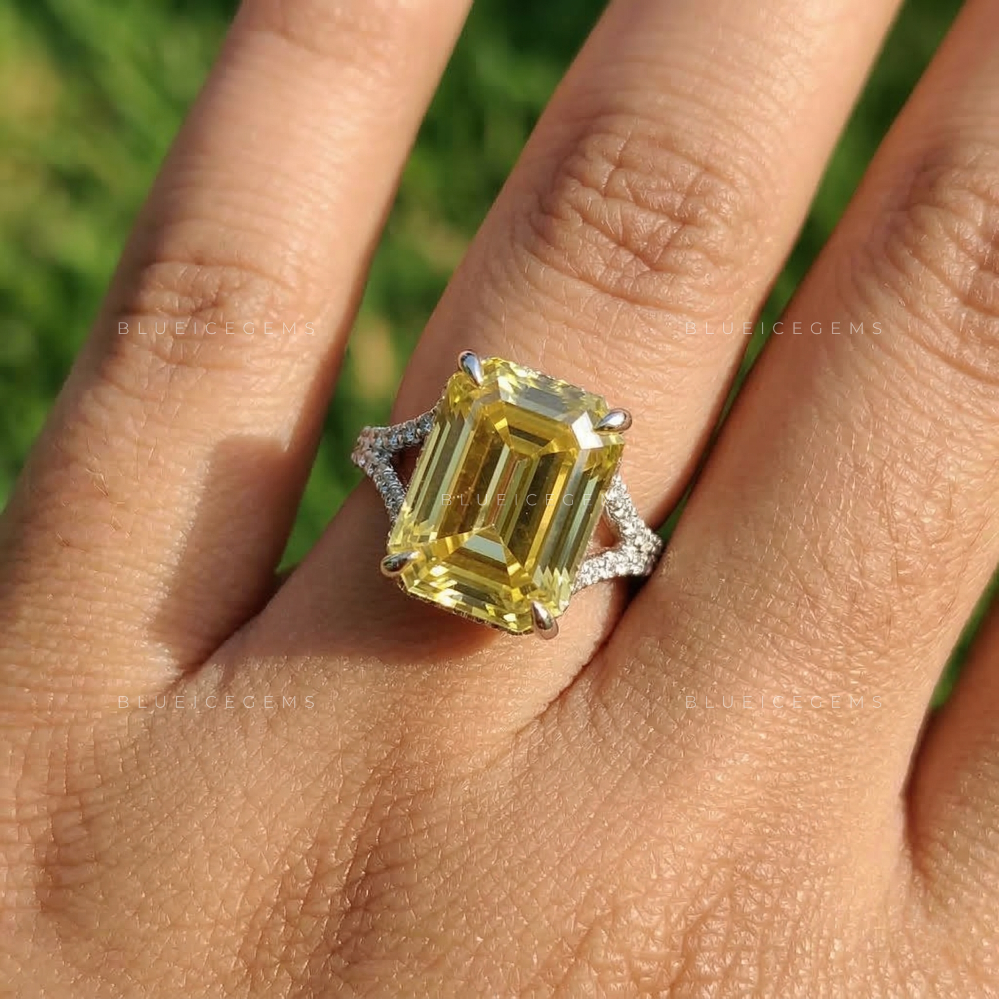 Golden Canary Emerald Cut Split Shank Ring