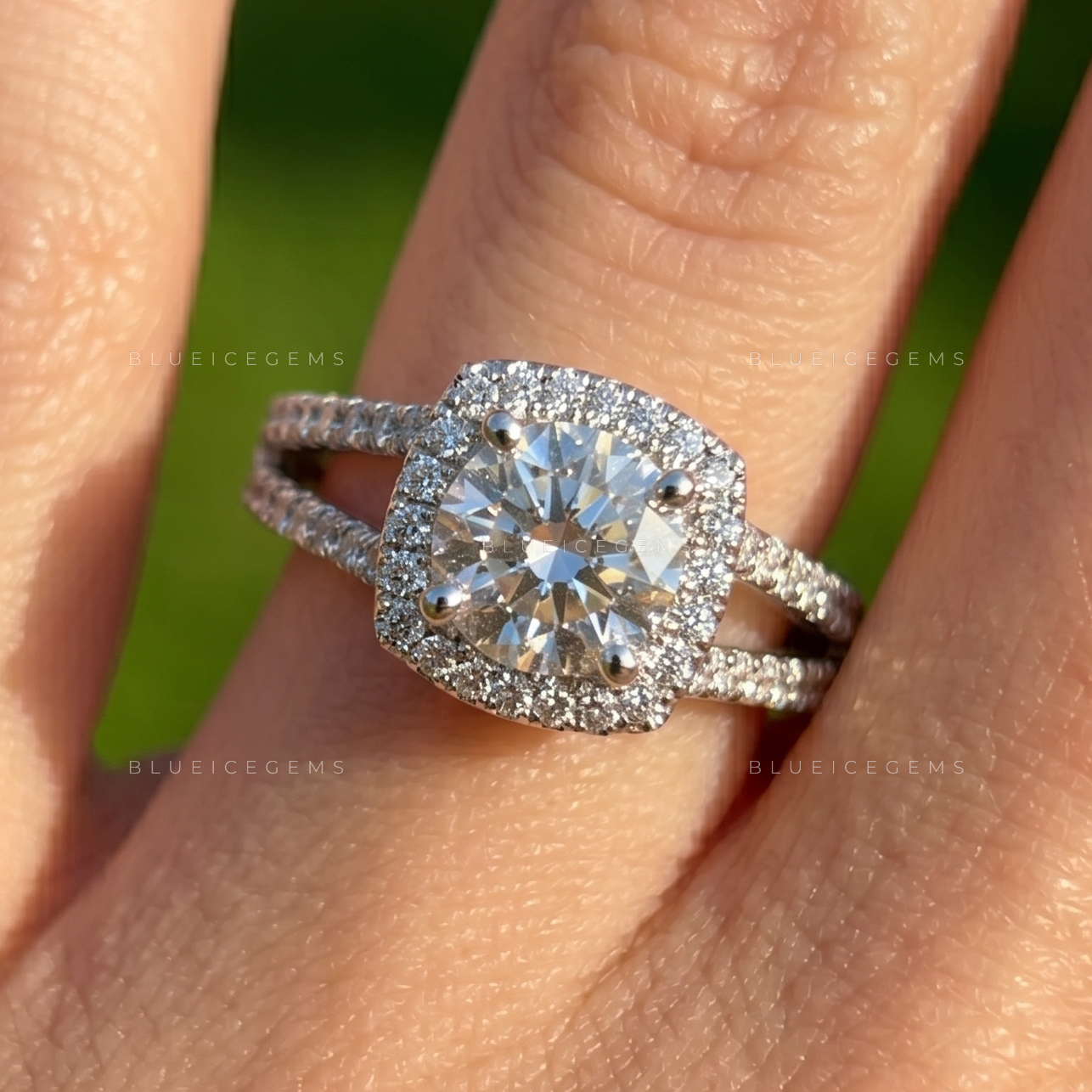 Majestic Brilliance Round Cut Halo Split Shank Statement Engagement Ring
