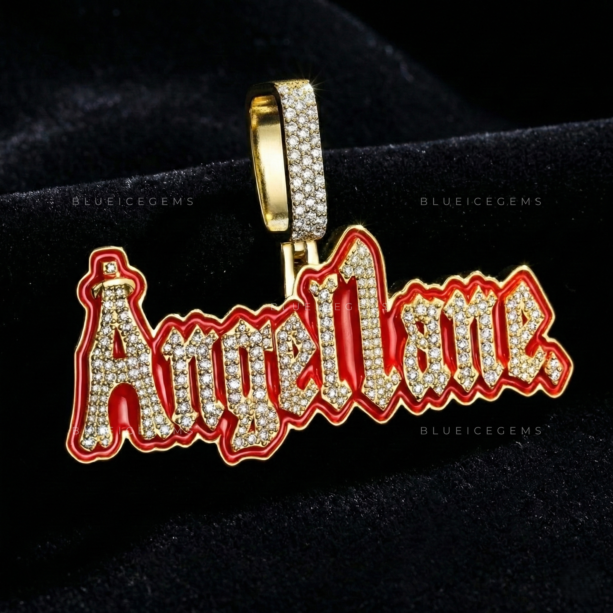 The "ANGEL LANE" Signature: Crimson Enamel & Gothic script Fusion Pendant