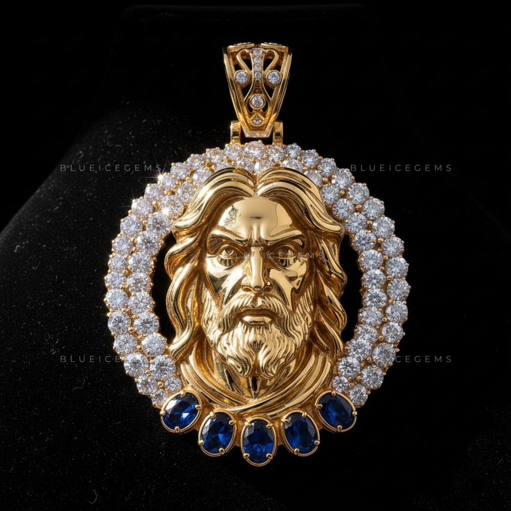 The "Divine Sovereign" Medallion: Sculptural Gold Portrait & Azure Sapphire Halo