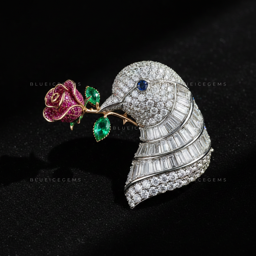 The Eternal Romance: Bespoke Rose & Dove Statement Brooch