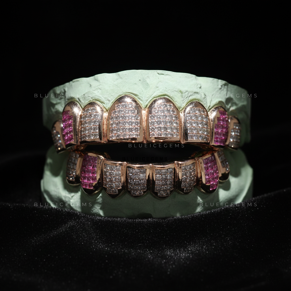 Rose Gold Pink Sapphire & Diamond Block Grillz