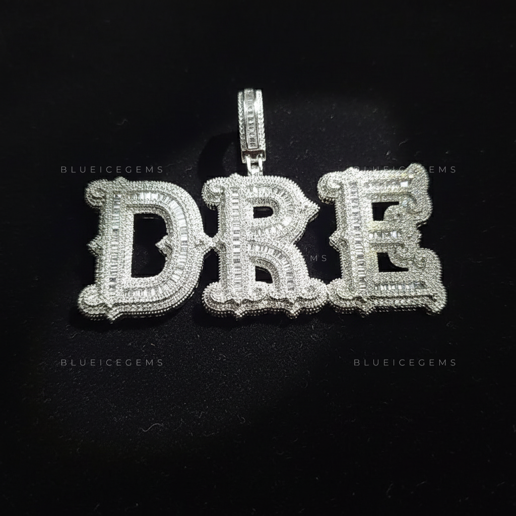 "DRE" Custom Gothic Script Iced-Out Pendant with Baguette and Round Diamonds