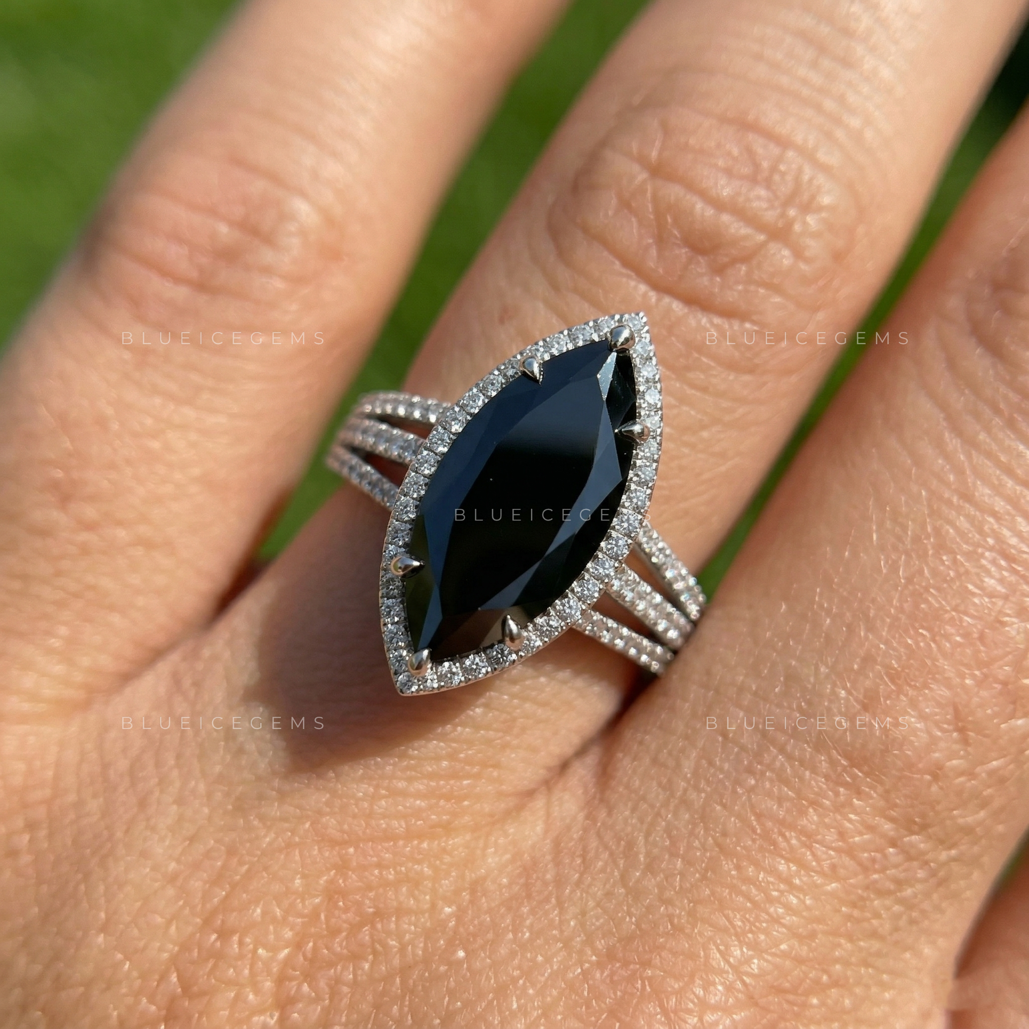 Midnight Noir Marquise Cut Black Diamond Grand Halo Ring