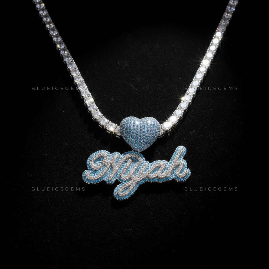 The "NIYAH" Azure Heart: Cursive Script & 3D Blue Sapphire Heart Sovereign