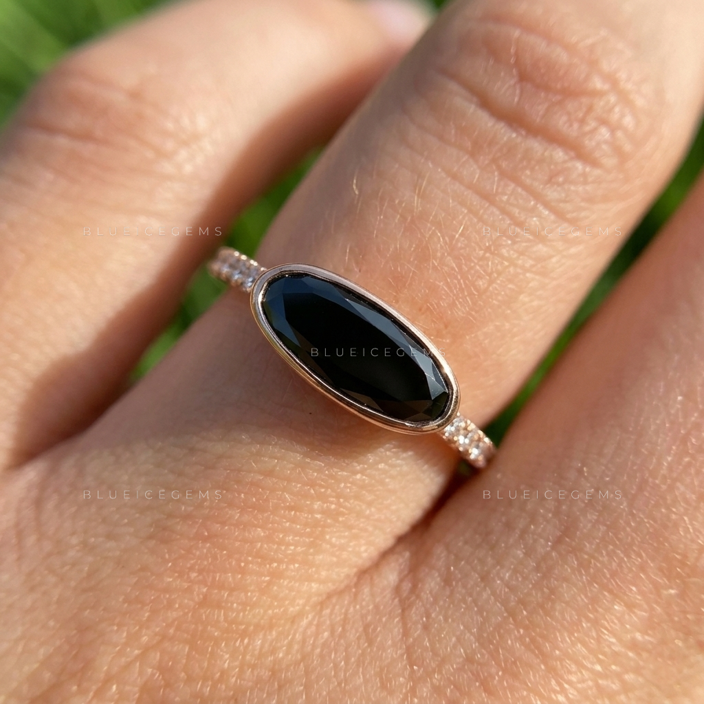Midnight Noir Moval Cut Black Moissanite Accent Ring
