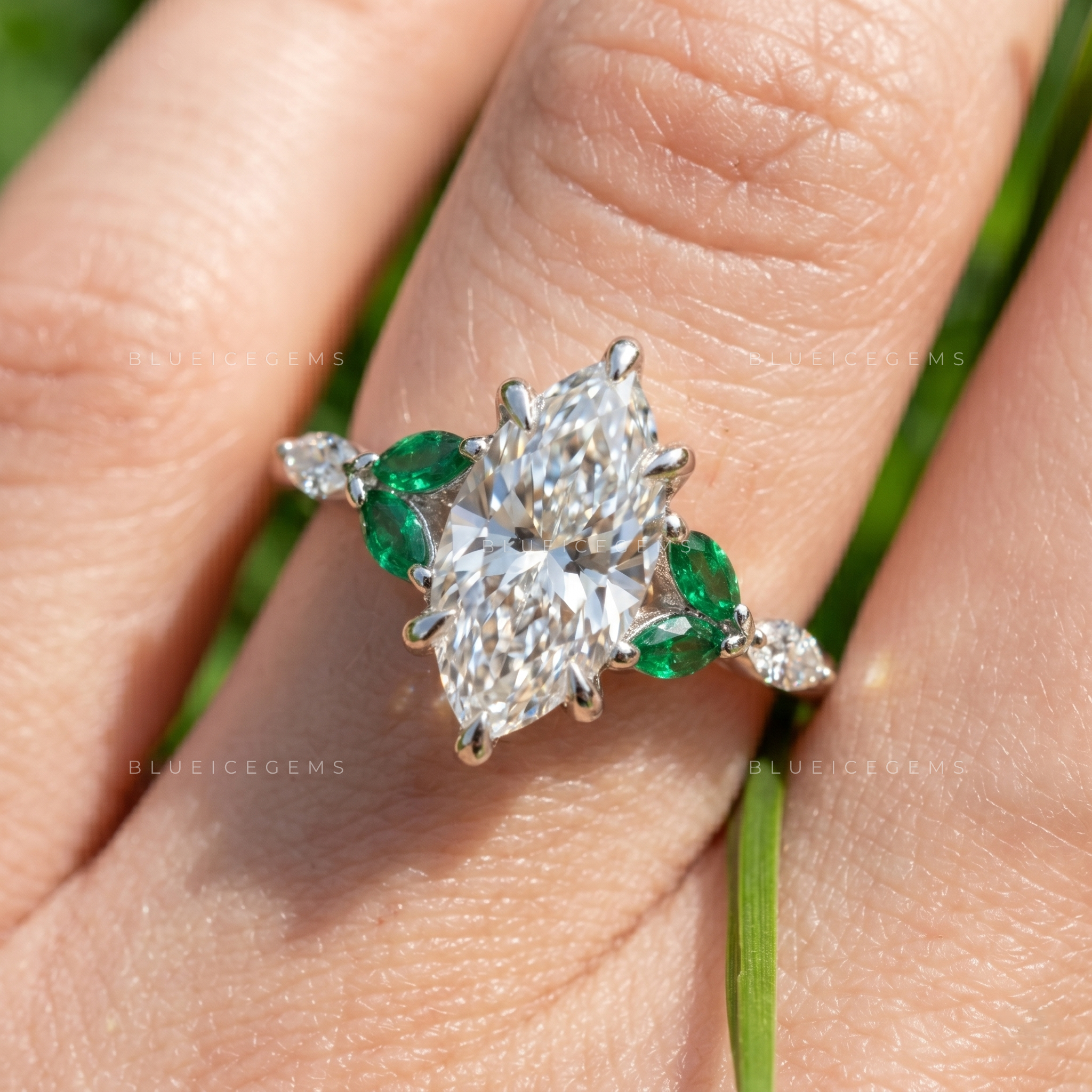 Enchanting Marquise Cut Botanical Inspired Gemstone Trilogy Ring