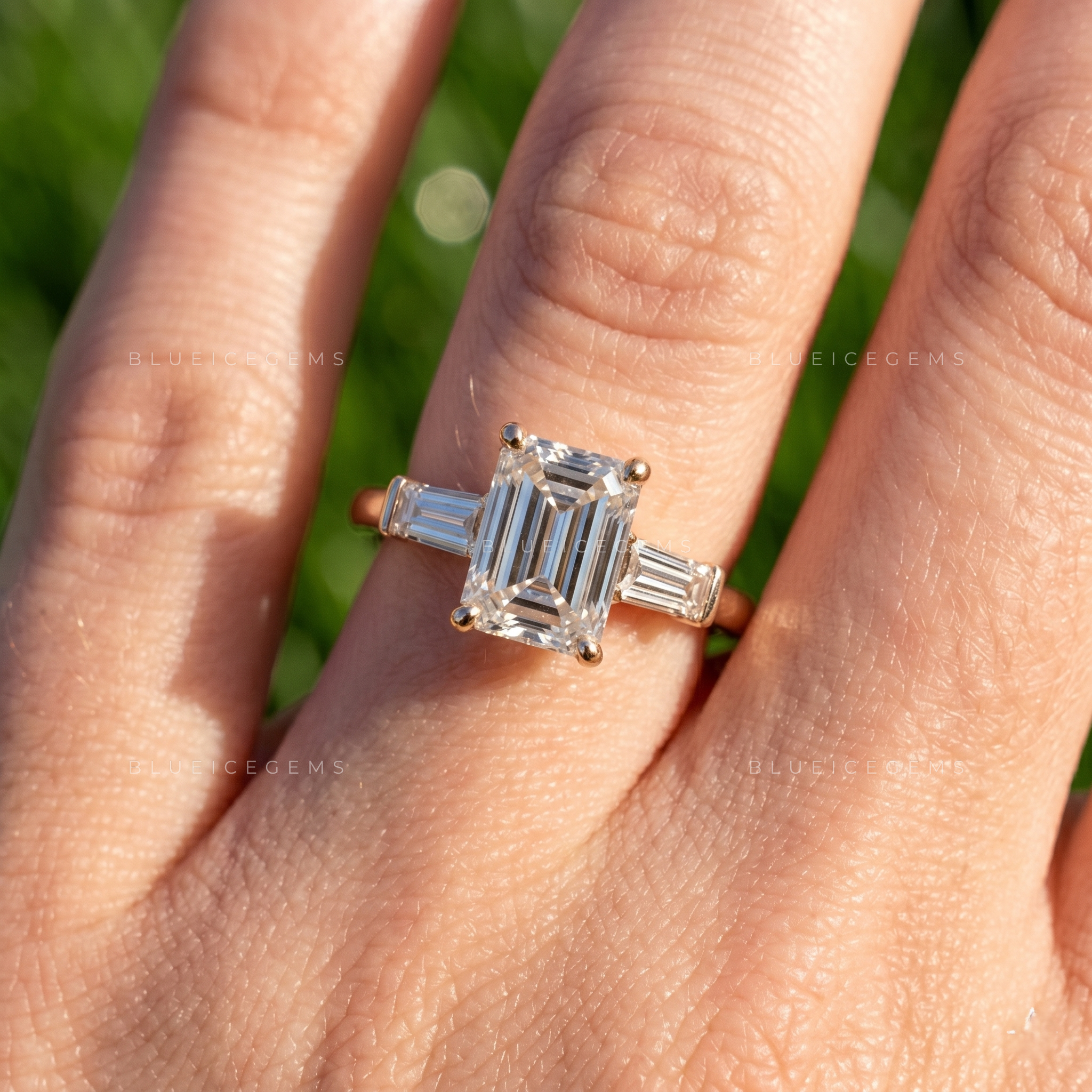 Refined Prestige Emerald Cut Baguette Accent Engagement Ring