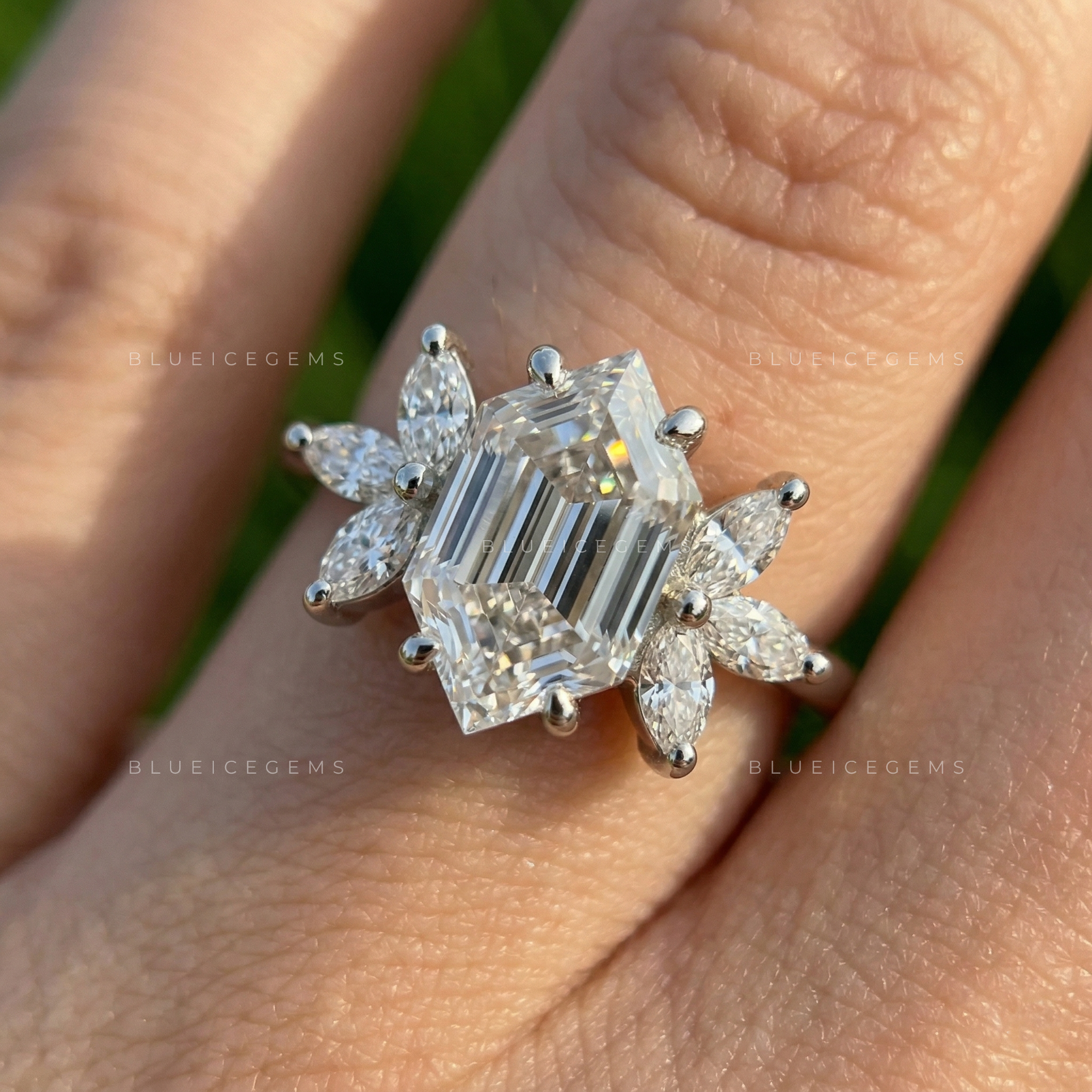 Architectural Radiance Hexagon Step Cut Floral Engagement Ring
