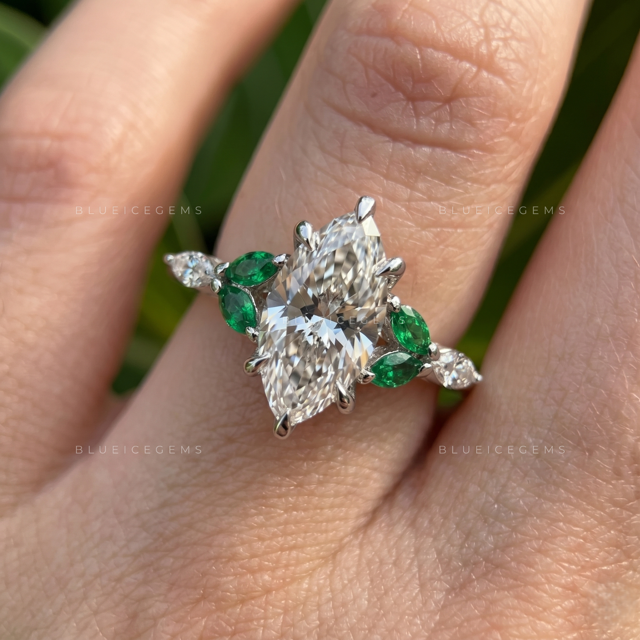 Enchanted Leaf Marquise Cut Engagement Ring with Emerald Accents
