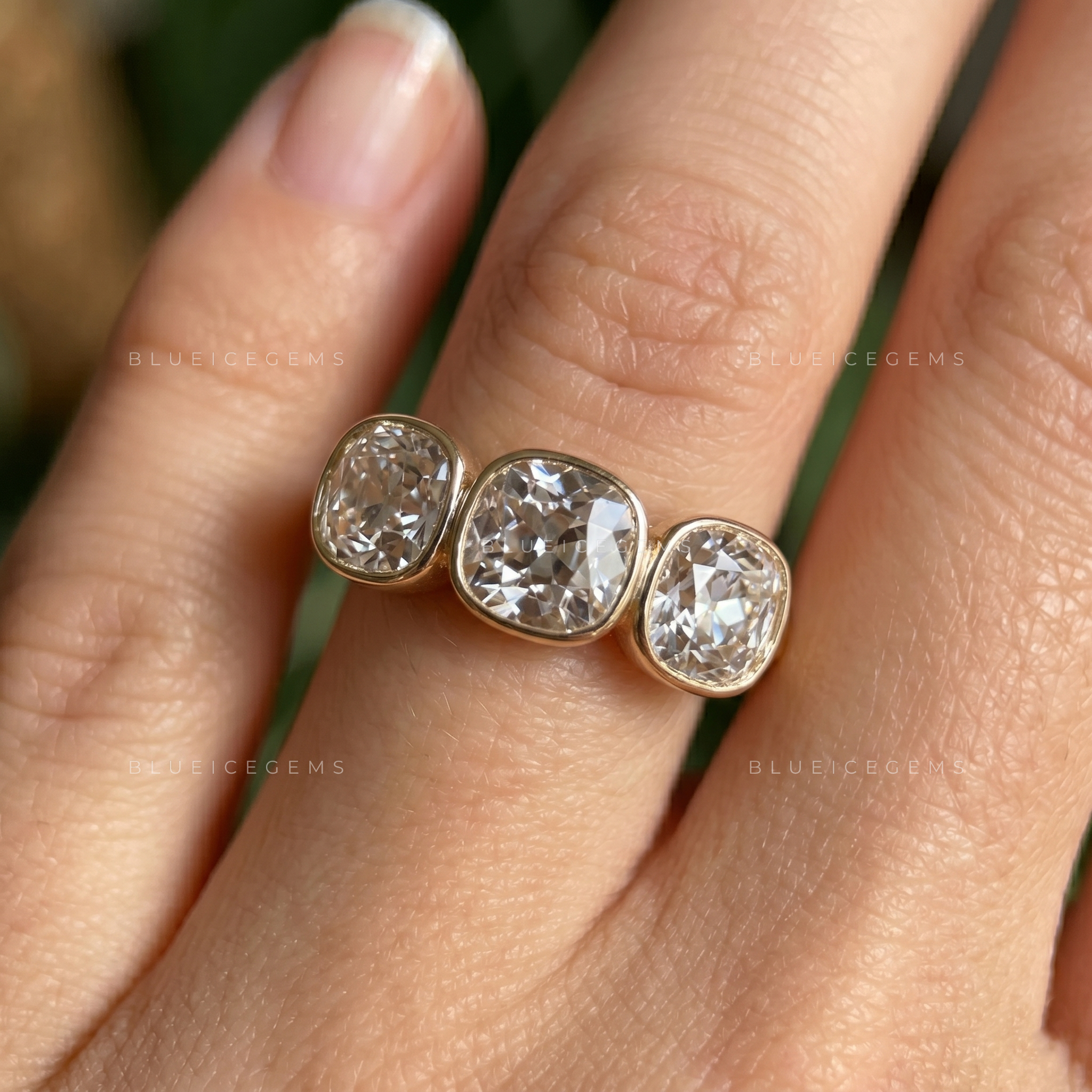 Timeless Charm Old Mine Cut Bezel Three Stone Engagement Ring