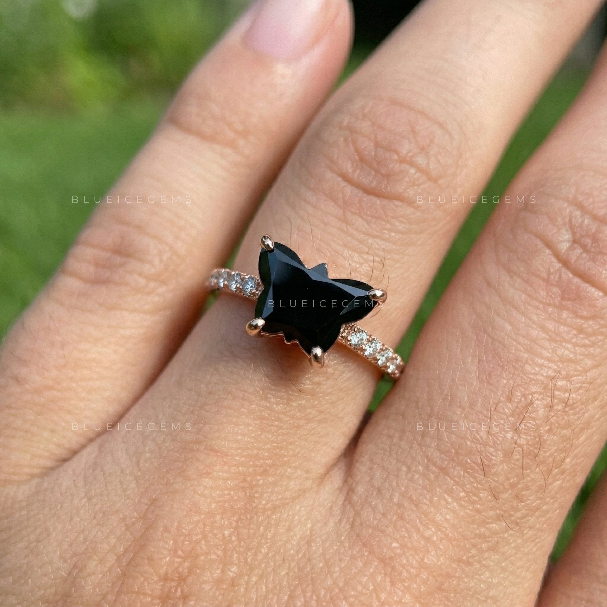Midnight Noir Butterfly Cut Black Diamond Ethereal Halo Ring