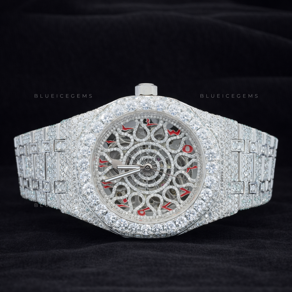 Crimson Filigree: Fully Iced-Out Custom Skeleton Arabic Watch