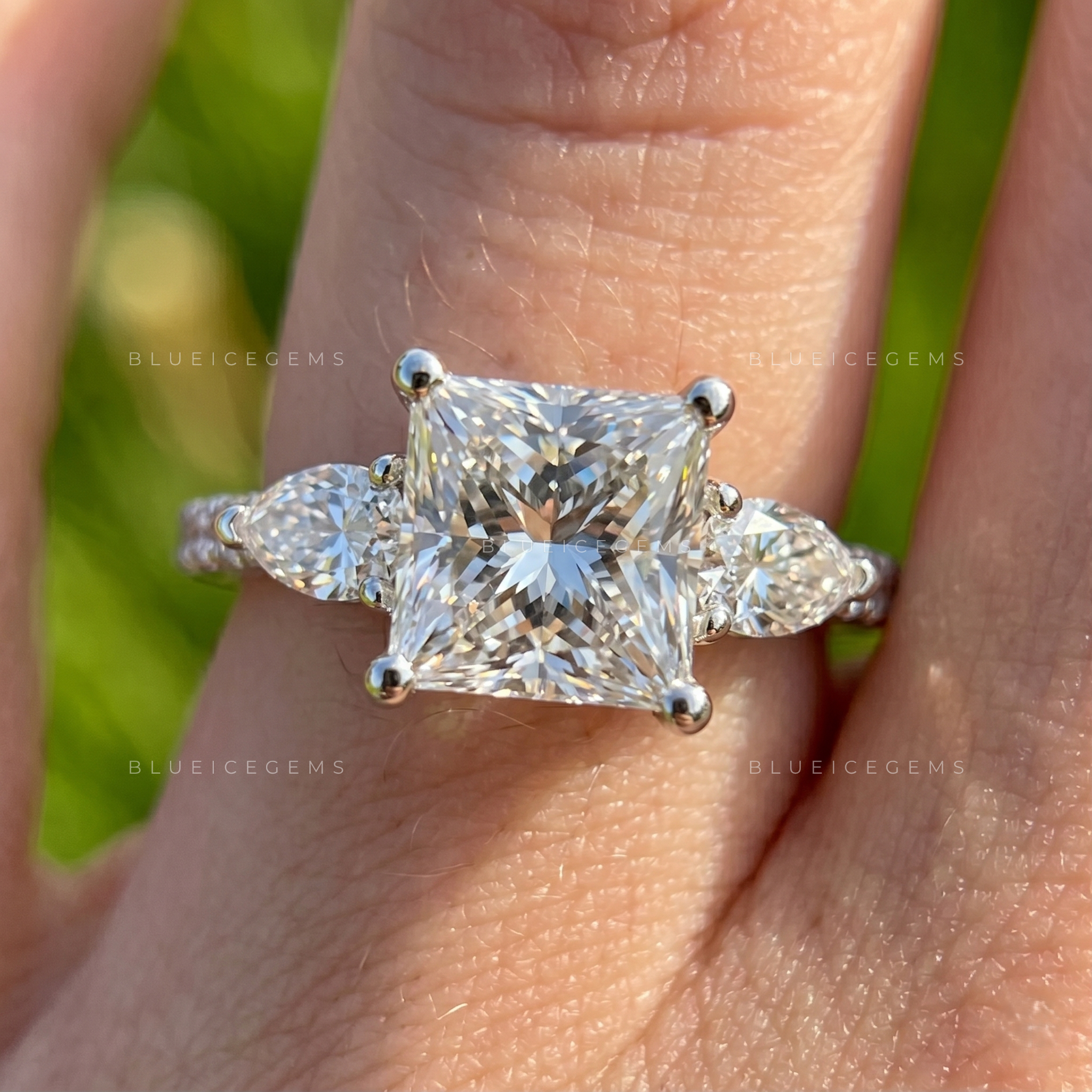 Imperial Elegance Princess Cut with Side Pear and Round Accent Trilogy Ring