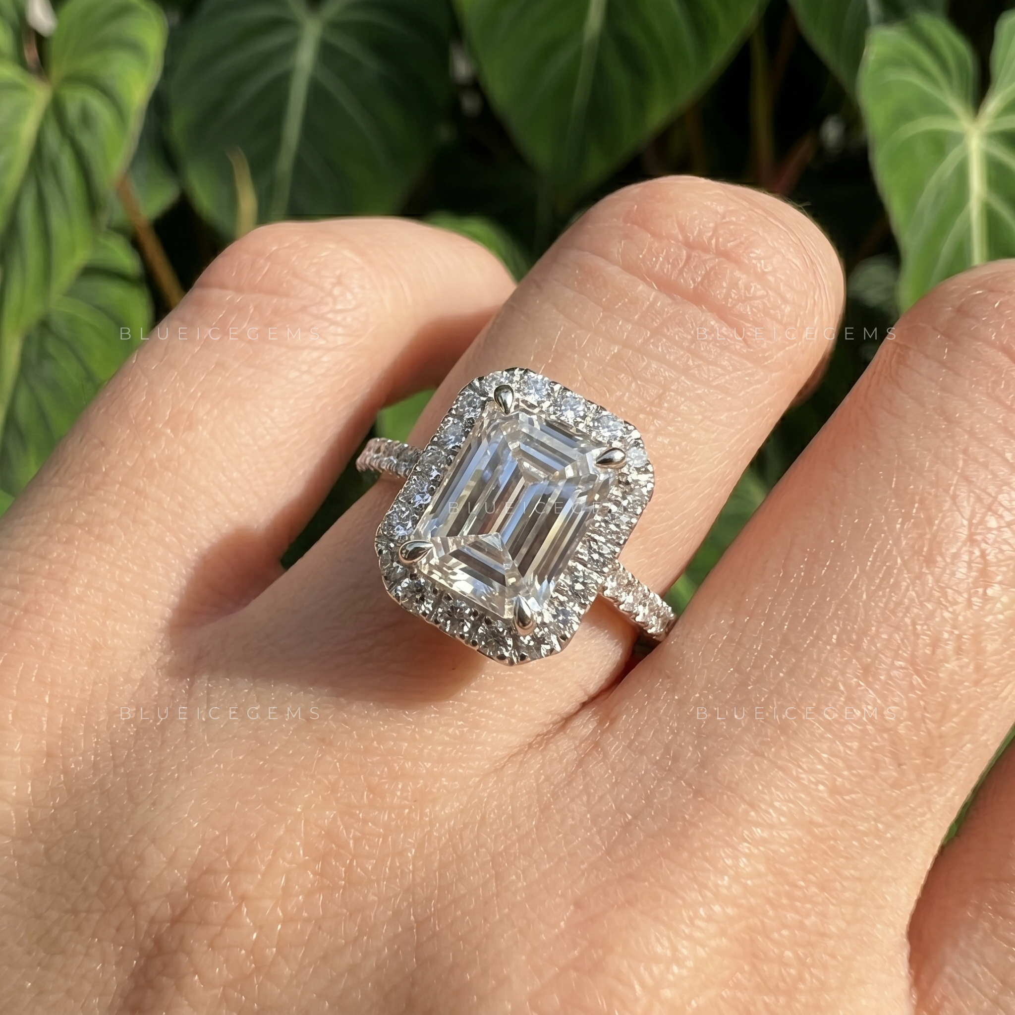 Opulent Harmony Emerald Cut Halo Engagement Ring with Pavé Band
