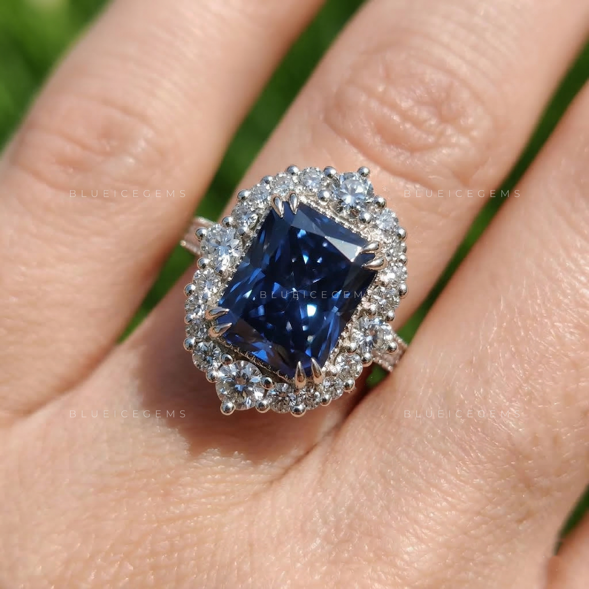 Deep Sea Radiant Cut Blue Moissanite Pavé Ring
