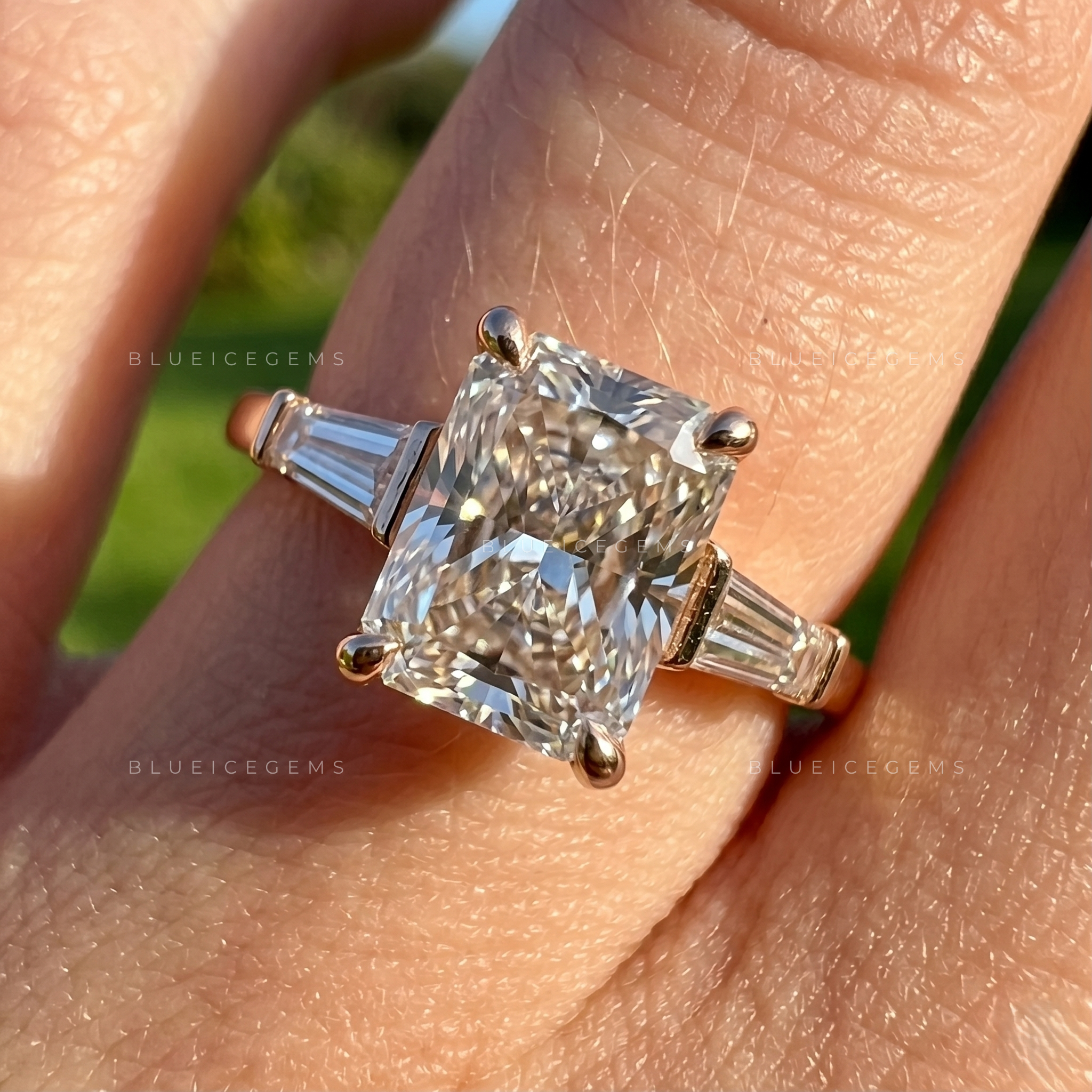 Timeless Splendor Radiant Cut Trilogy Engagement Ring Sophisticated Tapered Baguette Three Stone Anniversary Band