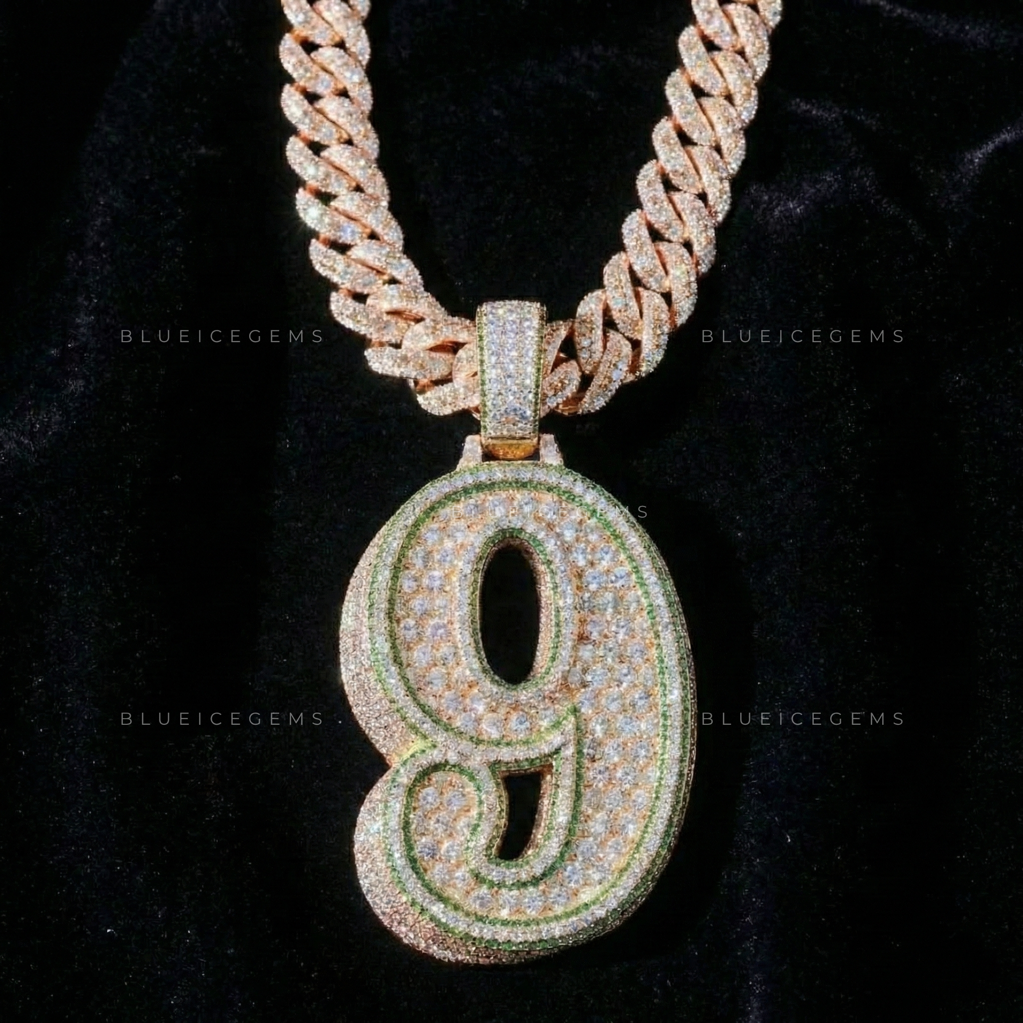 The "NUMBER 9" Emerald Contour: Two-Tone Curvature & Iced-Out Numerology Pendant