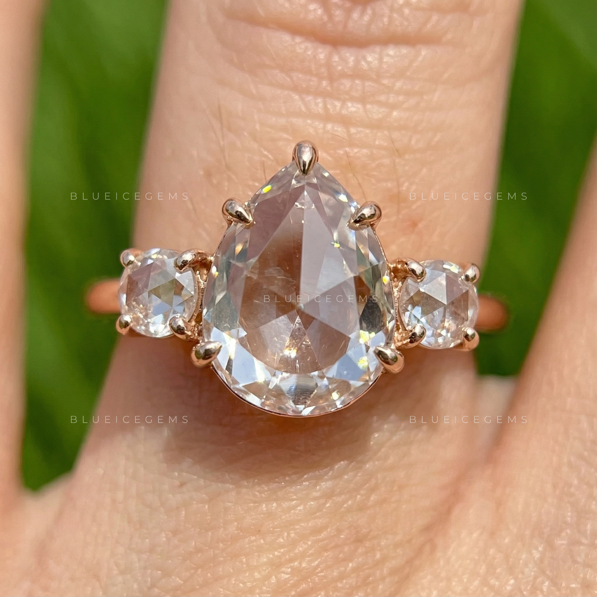 Vintage Inspired Pear Rose Cut Three Stone Open Gallery Ring
